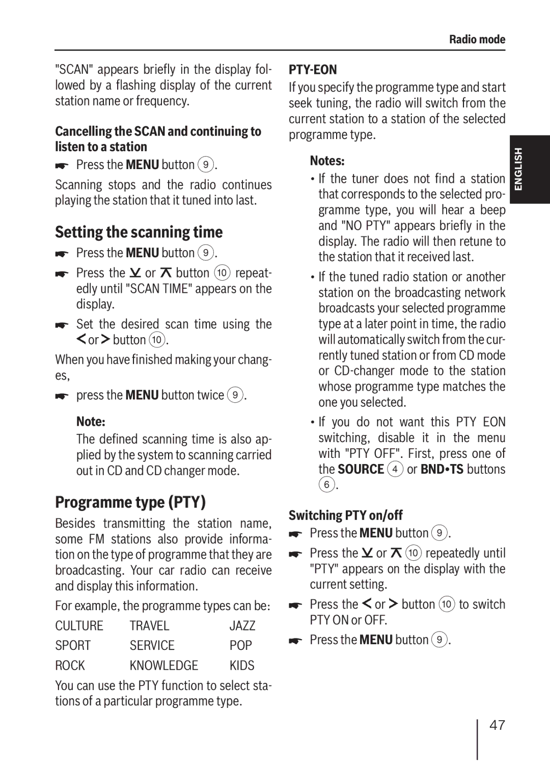 Blaupunkt MP36 Setting the scanning time, Programme type PTY, Cancelling the Scan and continuing to listen to a station 