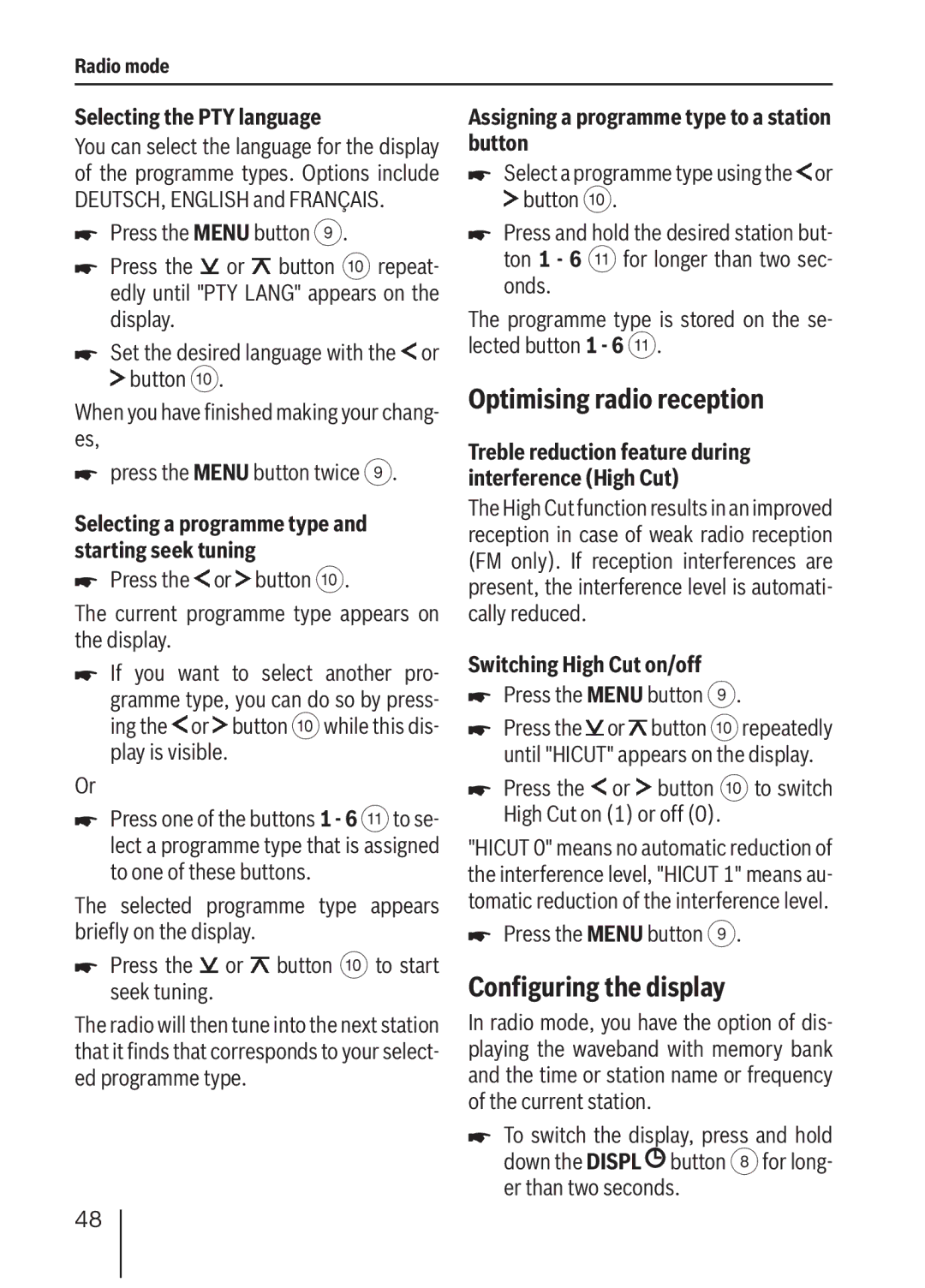 Blaupunkt MP36 operating instructions Optimising radio reception, Configuring the display 