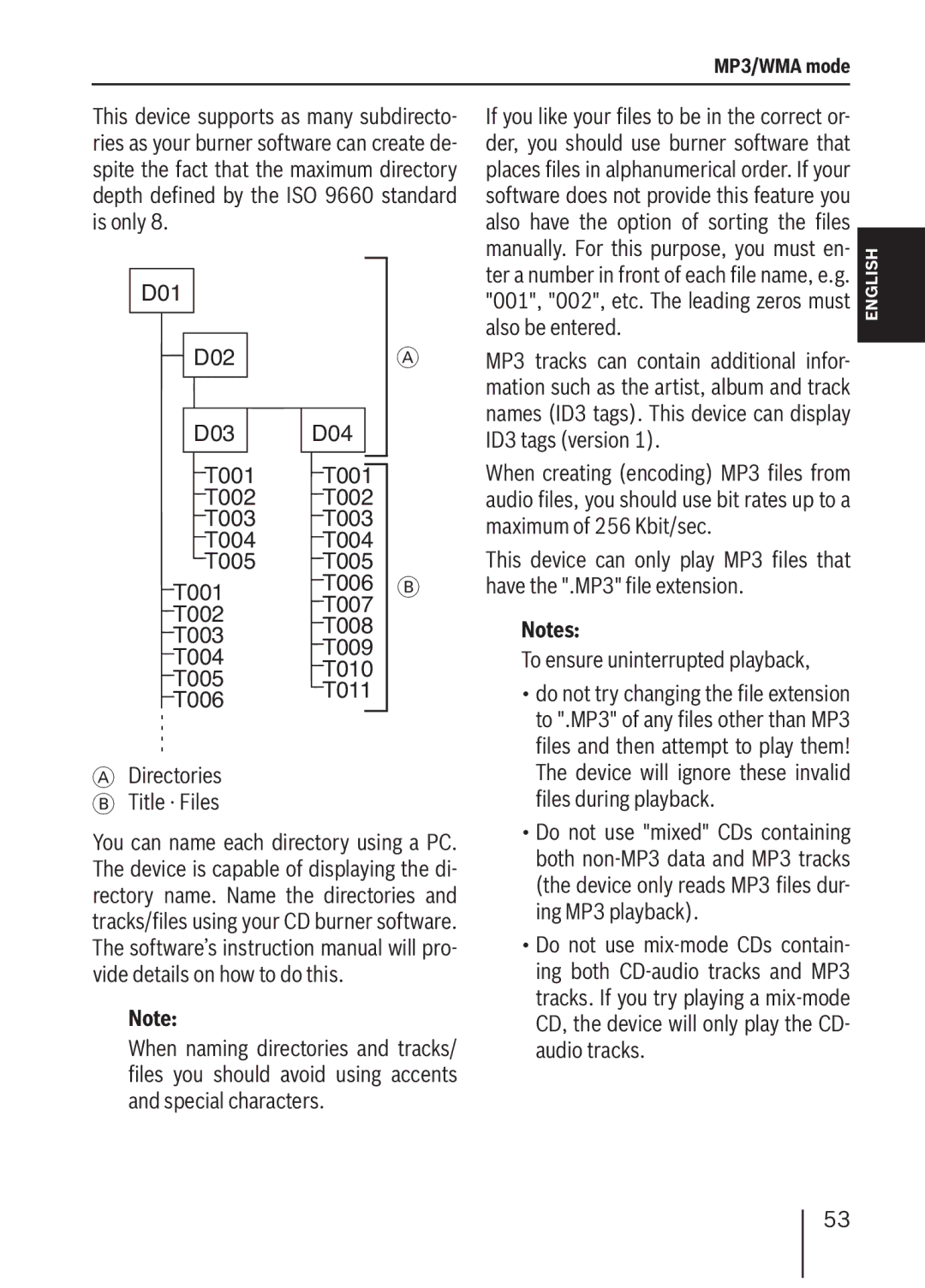 Blaupunkt MP36 Is only, ID3 tags version, Directories, Title · Files Filesduring playback, Ing MP3 playback, Audio tracks 