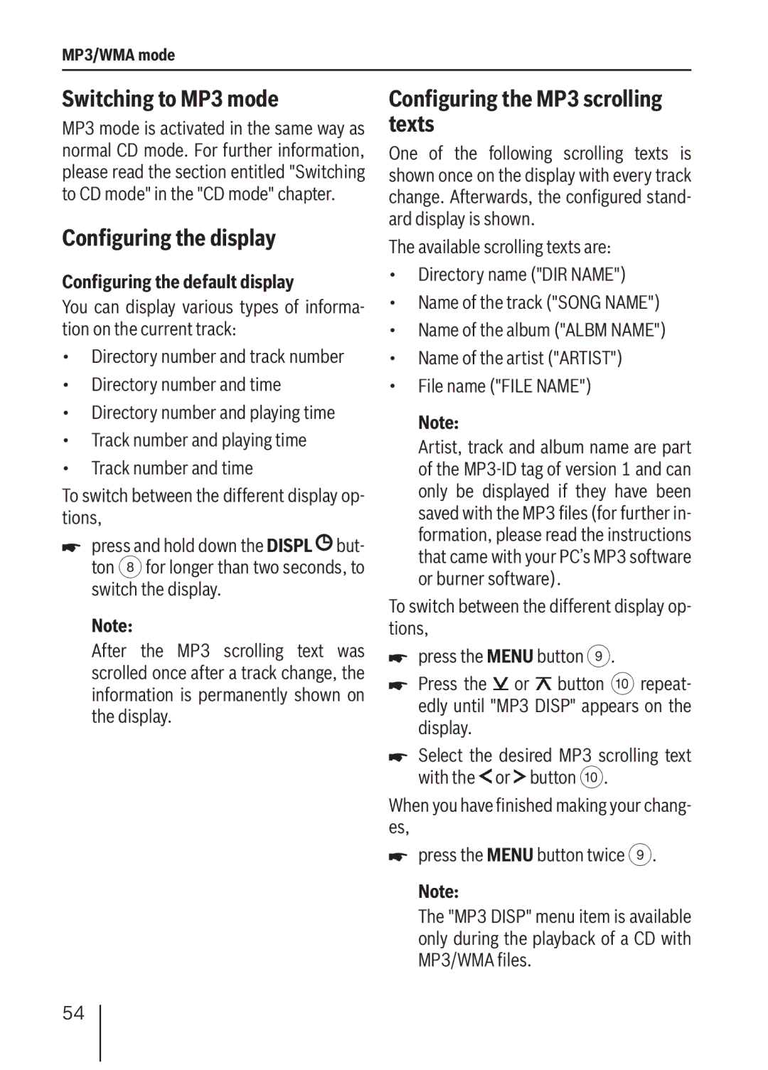 Blaupunkt MP36 Switching to MP3 mode, Configuring the MP3 scrolling texts, Configuring the default display 