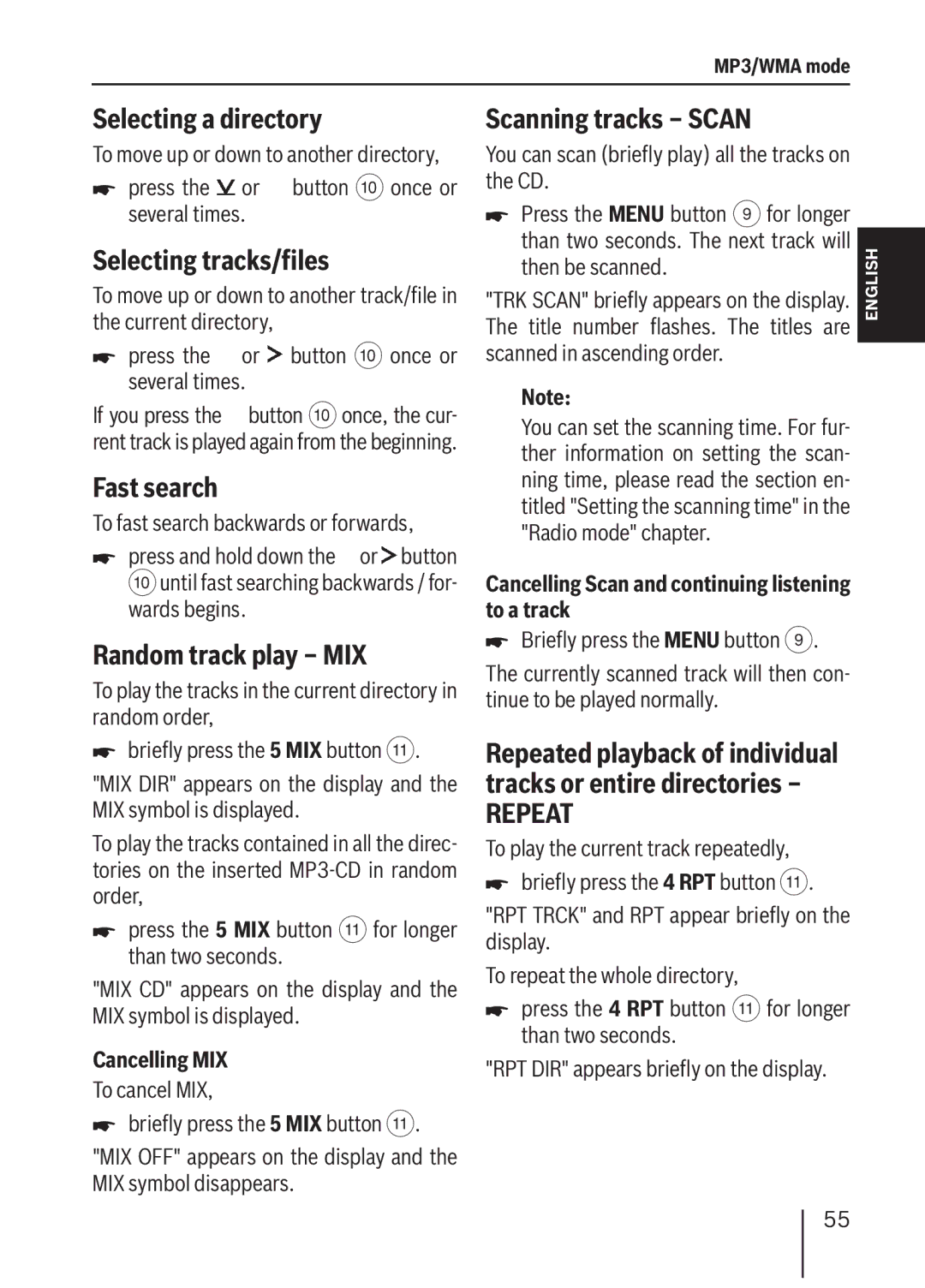 Blaupunkt MP36 operating instructions Selecting a directory, Selecting tracks/files, Fast search 