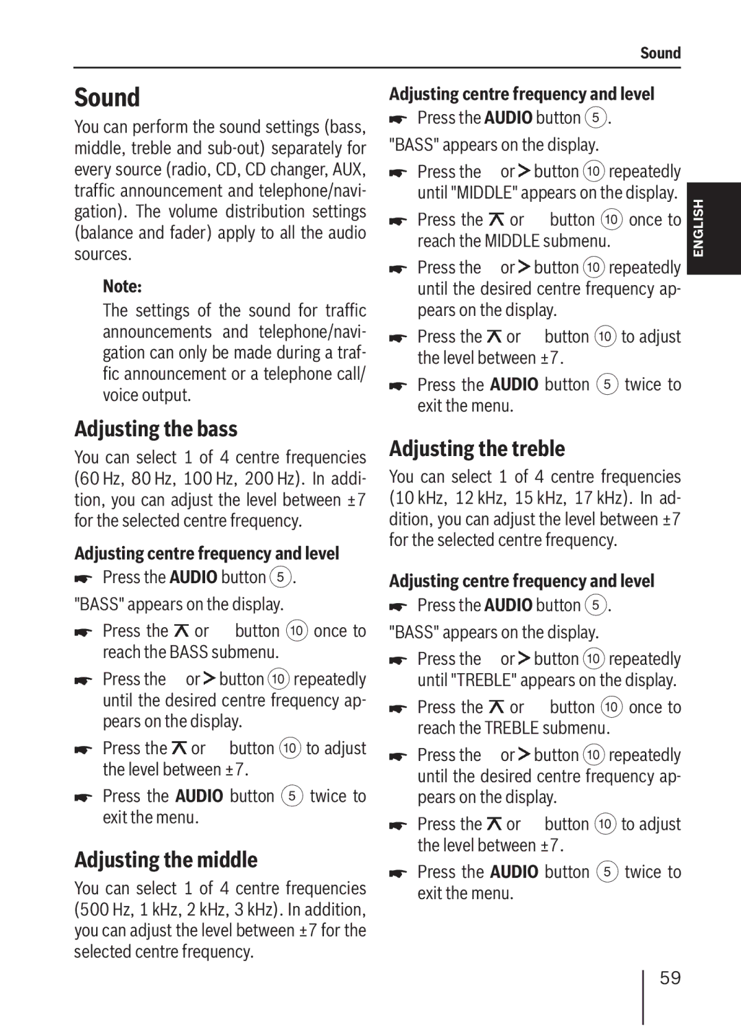 Blaupunkt MP36 Sound, Adjusting the bass, Adjusting the middle, Adjusting the treble, Adjusting centre frequency and level 