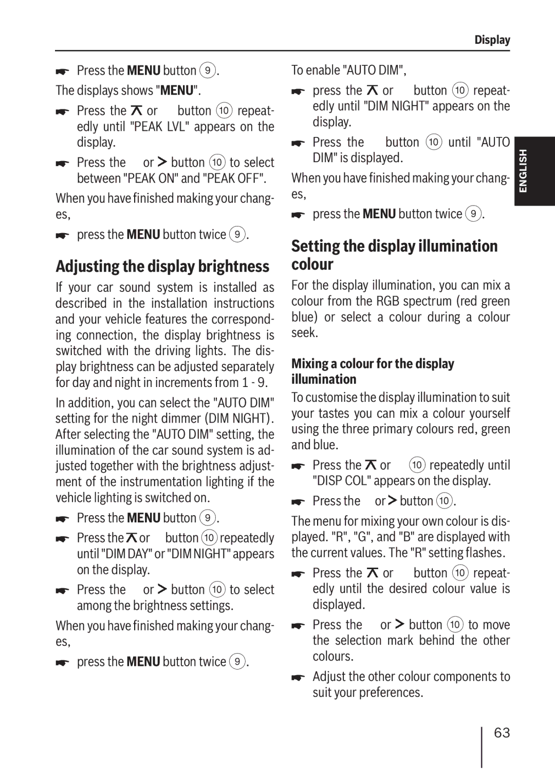 Blaupunkt MP36 Setting the display illumination colour, Adjusting the display brightness, DIM is displayed 