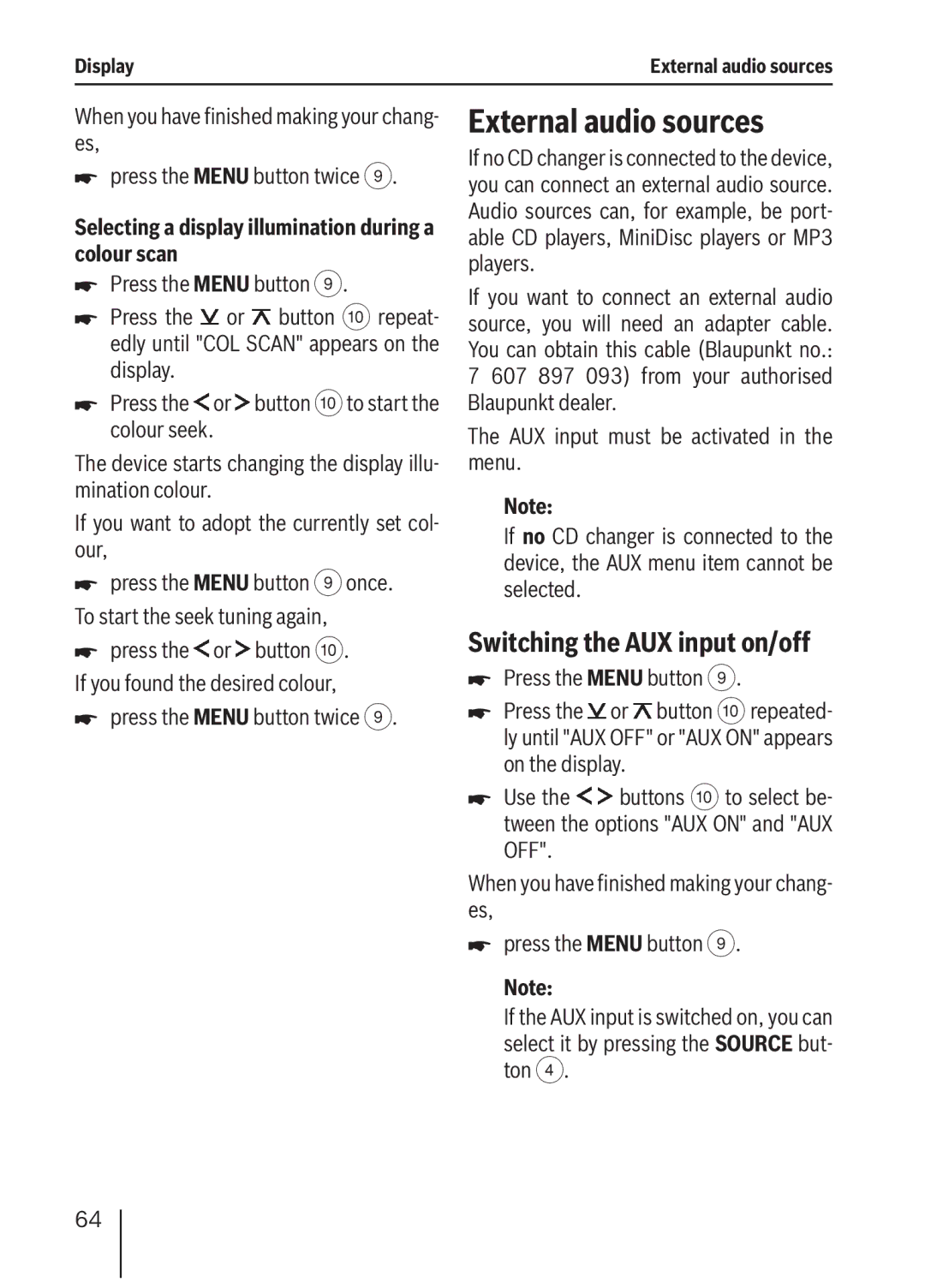 Blaupunkt MP36 operating instructions External audio sources, Switching the AUX input on/off 