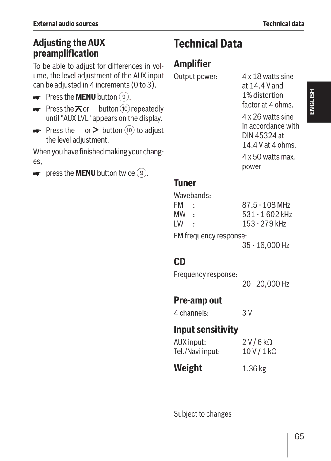 Blaupunkt MP36 operating instructions Technical Data, Amplifier, Tuner, Pre-amp out, Weight 