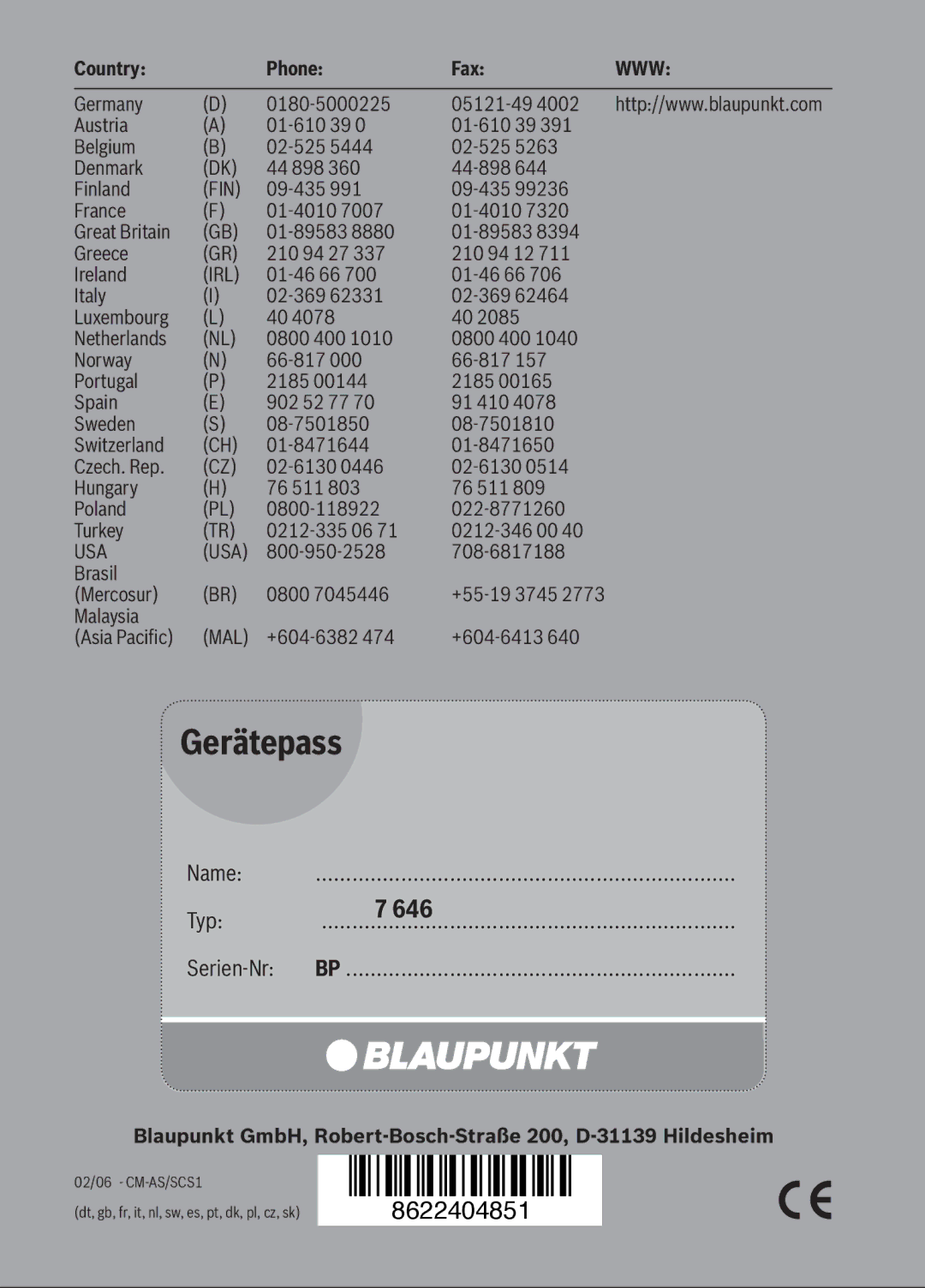 Blaupunkt MP36 operating instructions 646, Name, Typ Serien-Nr 