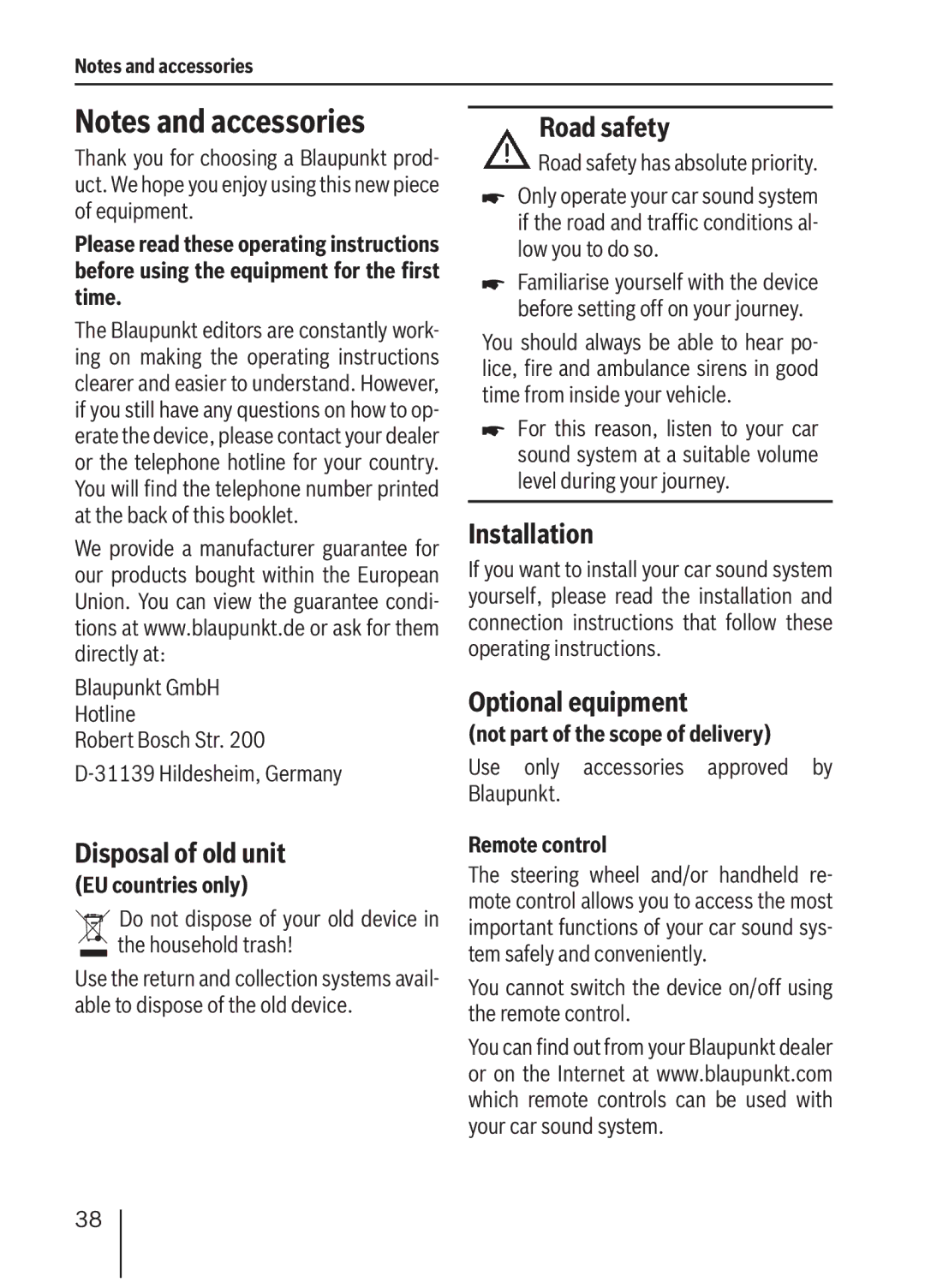 Blaupunkt MP36 operating instructions Disposal of old unit, Road safety, Installation, Optional equipment 