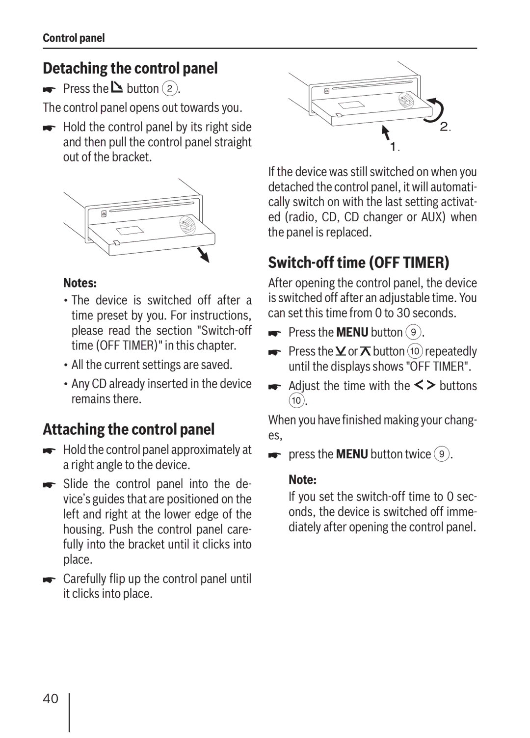 Blaupunkt MP36 Detaching the control panel, Attaching the control panel, Switch-off time OFF Timer,  Press the button 