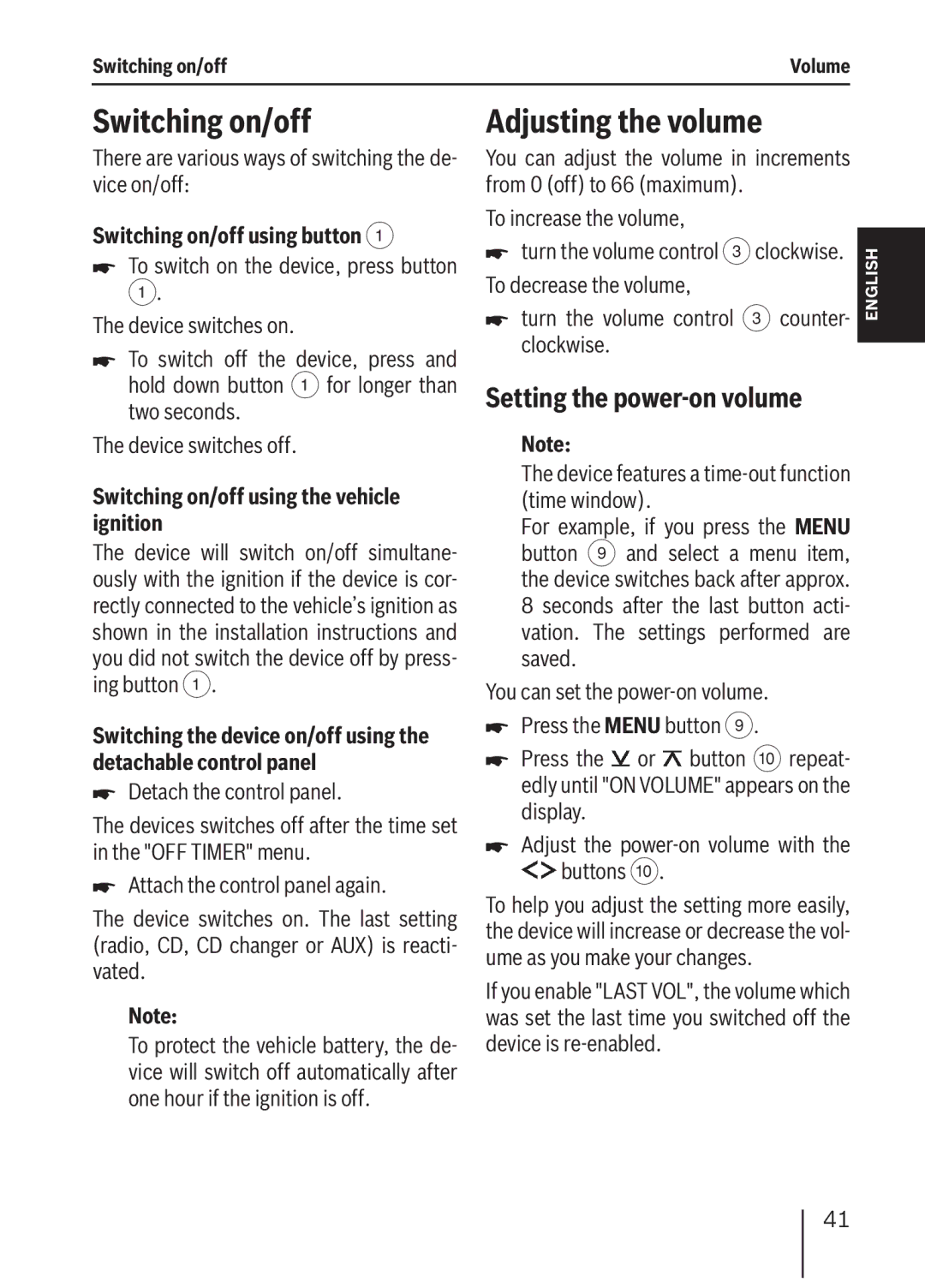 Blaupunkt MP36 operating instructions Adjusting the volume, Setting the power-on volume, Switching on/off using button 