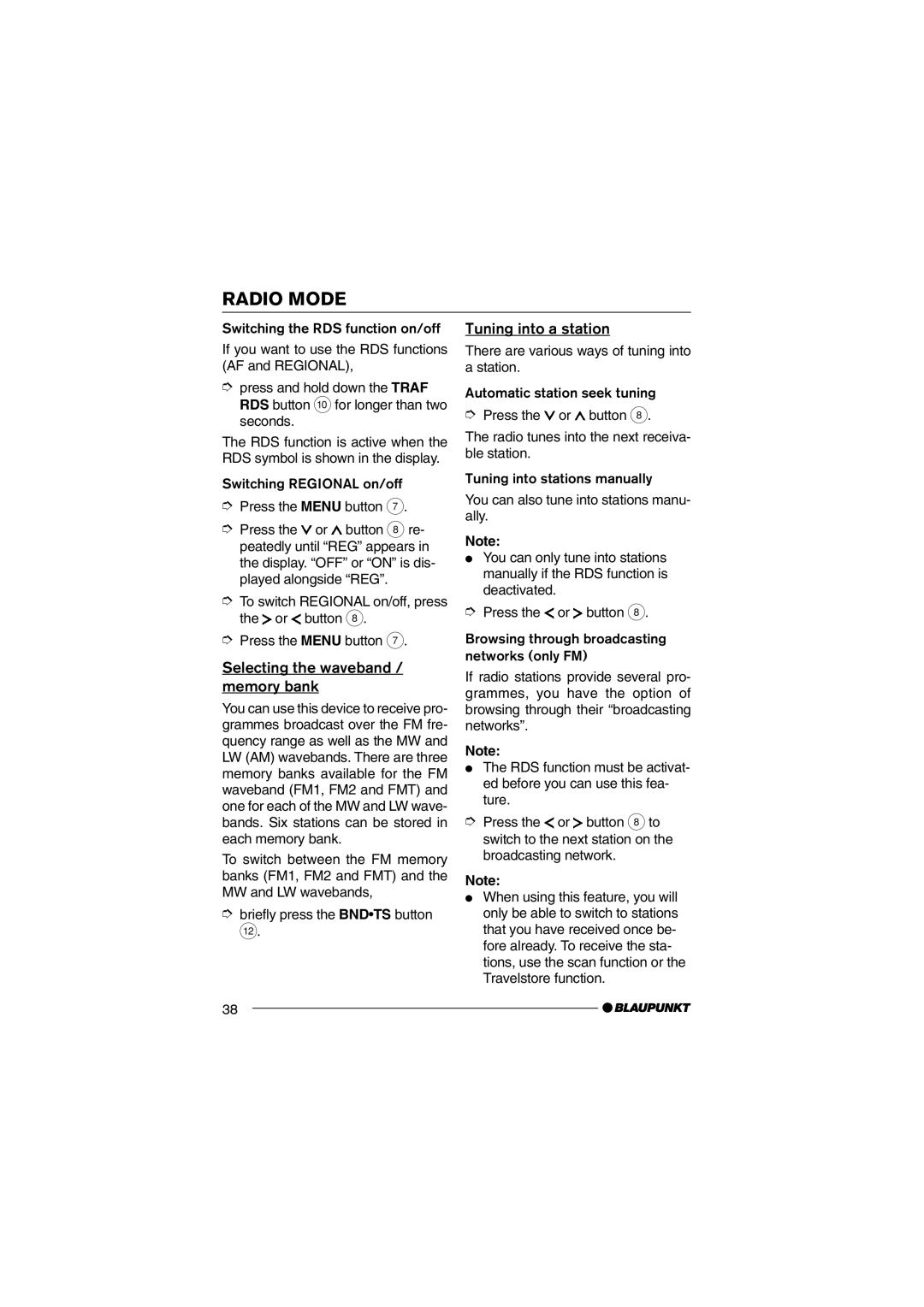 Blaupunkt MP36 operating instructions Selecting the waveband / memory bank, Tuning into a station 