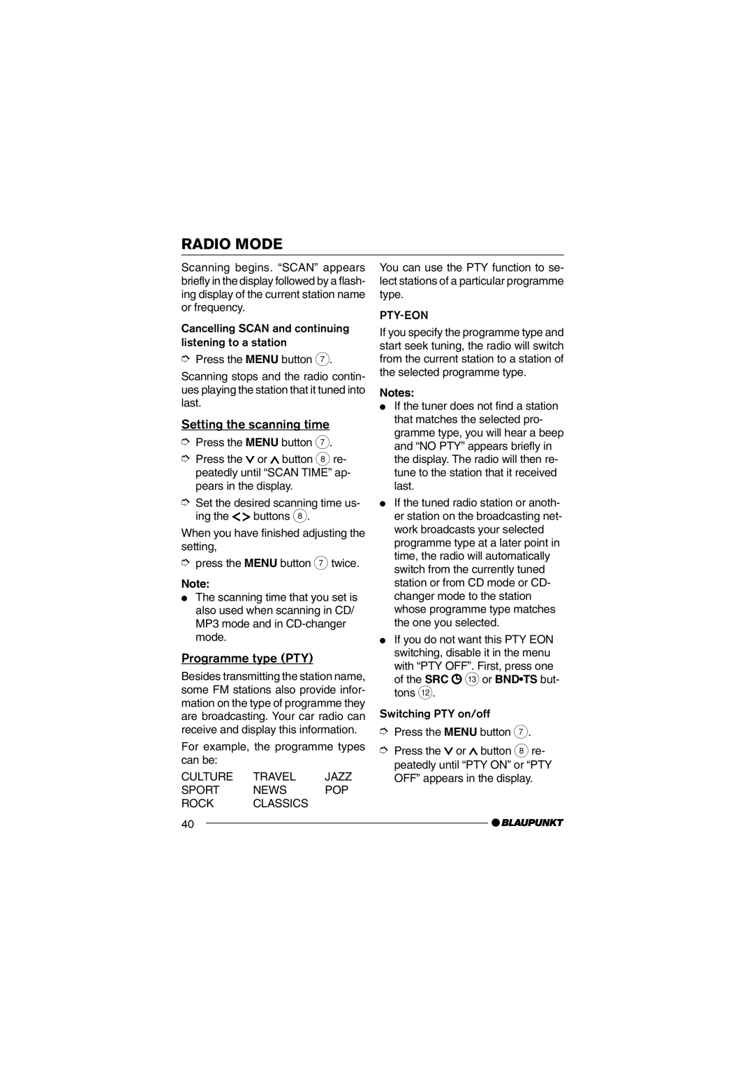 Blaupunkt MP36 Setting the scanning time, Programme type PTY, For example, the programme types can be 