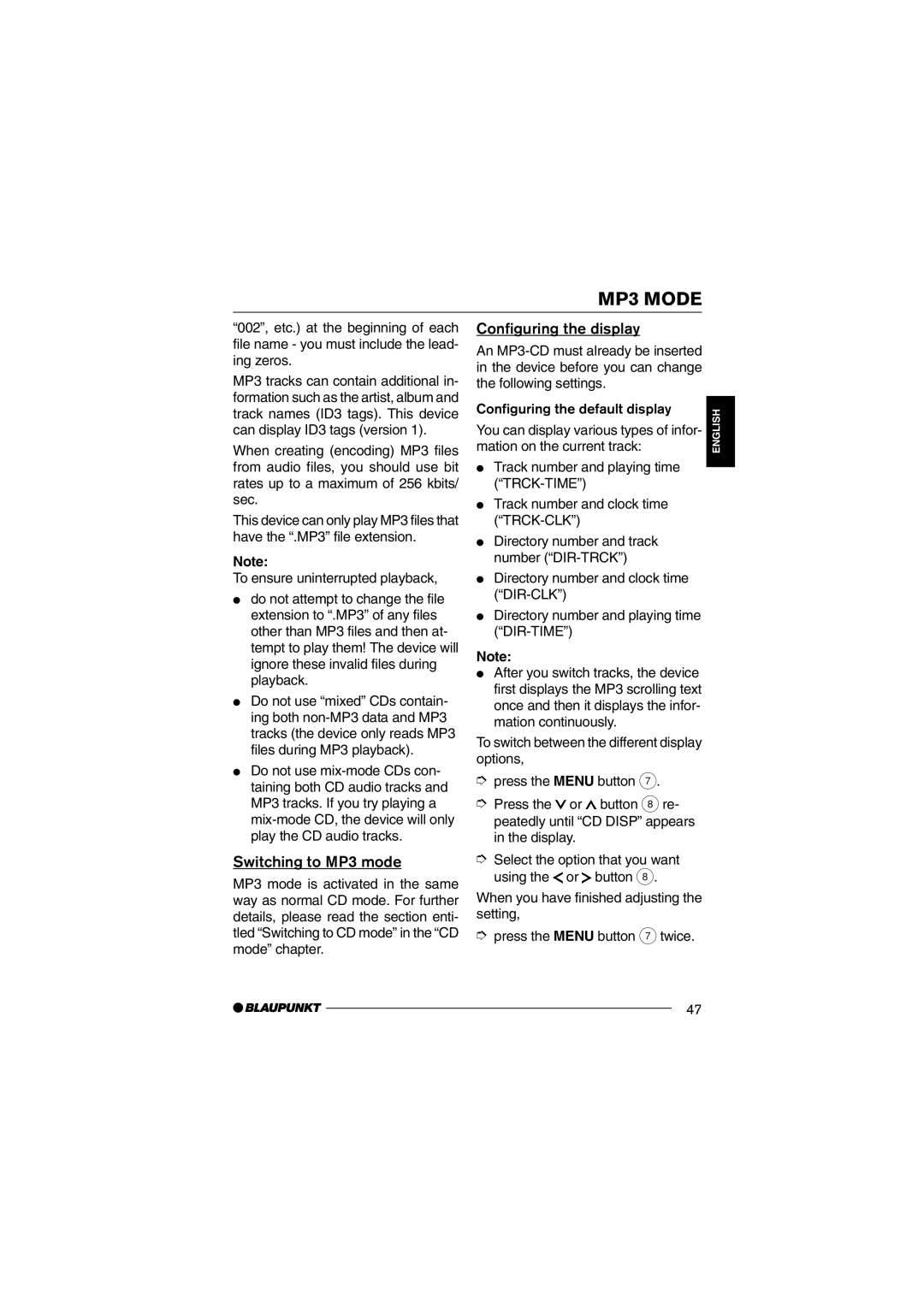 Blaupunkt MP36 operating instructions Switching to MP3 mode, Configuring the display 