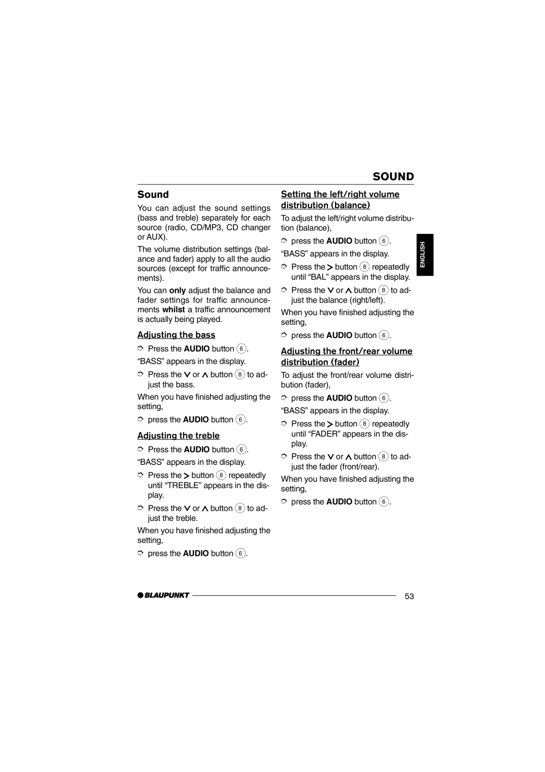 Blaupunkt MP36 operating instructions Sound 