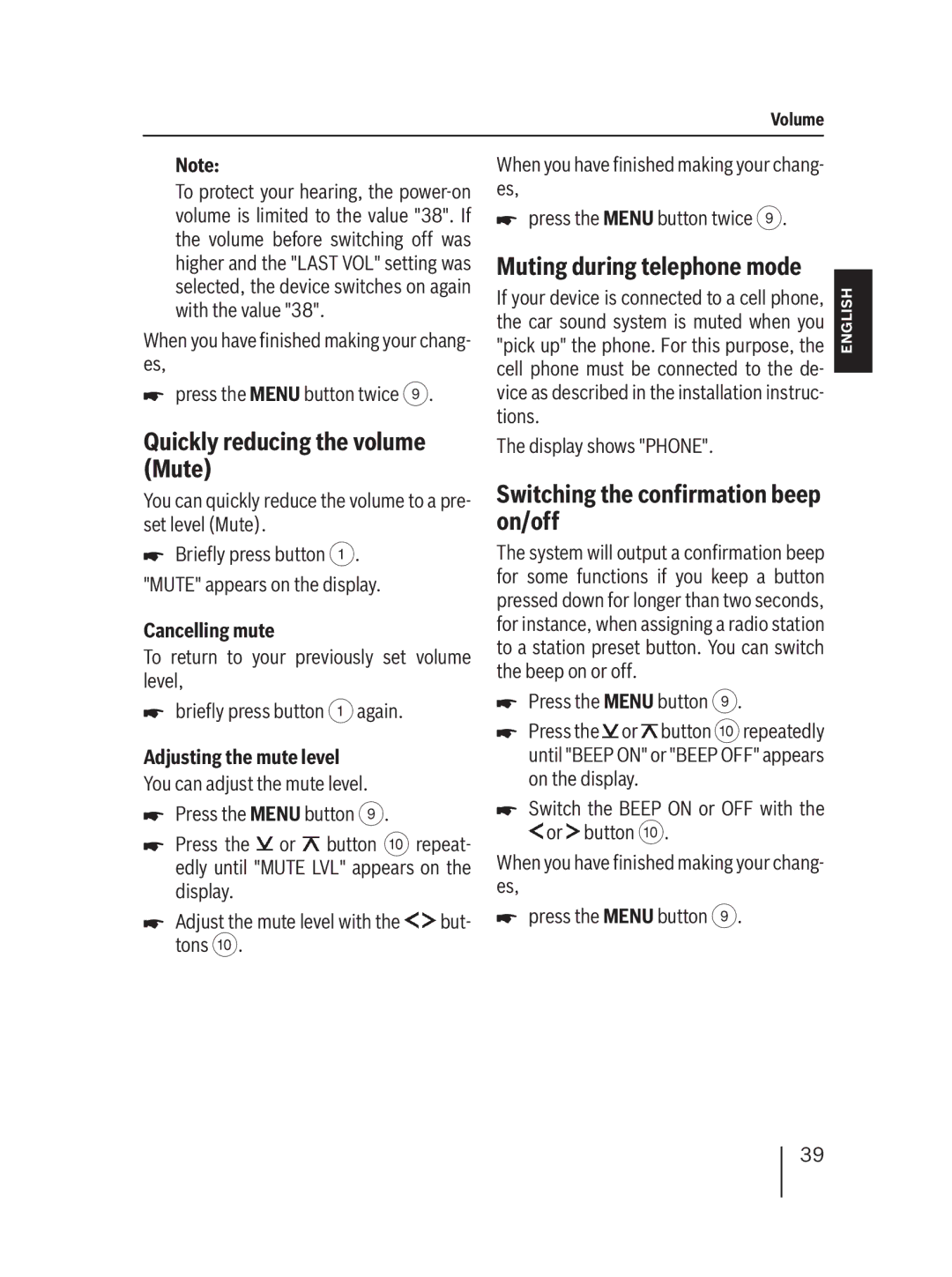 Blaupunkt MP36 Quickly reducing the volume Mute, Switching the confirmation beep on/off, Muting during telephone mode 