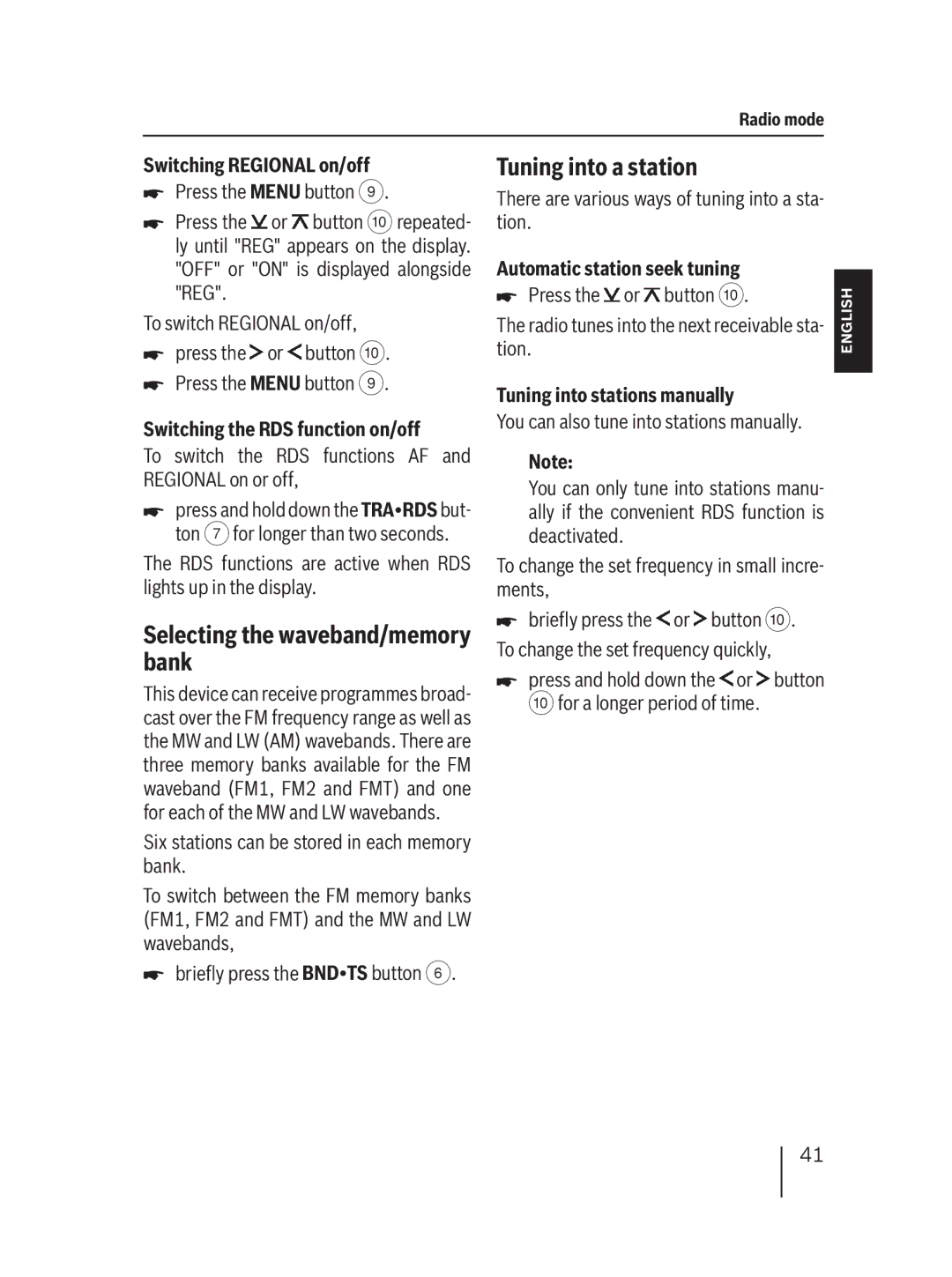 Blaupunkt MP36 operating instructions Selecting the waveband/memory bank, Tuning into a station 