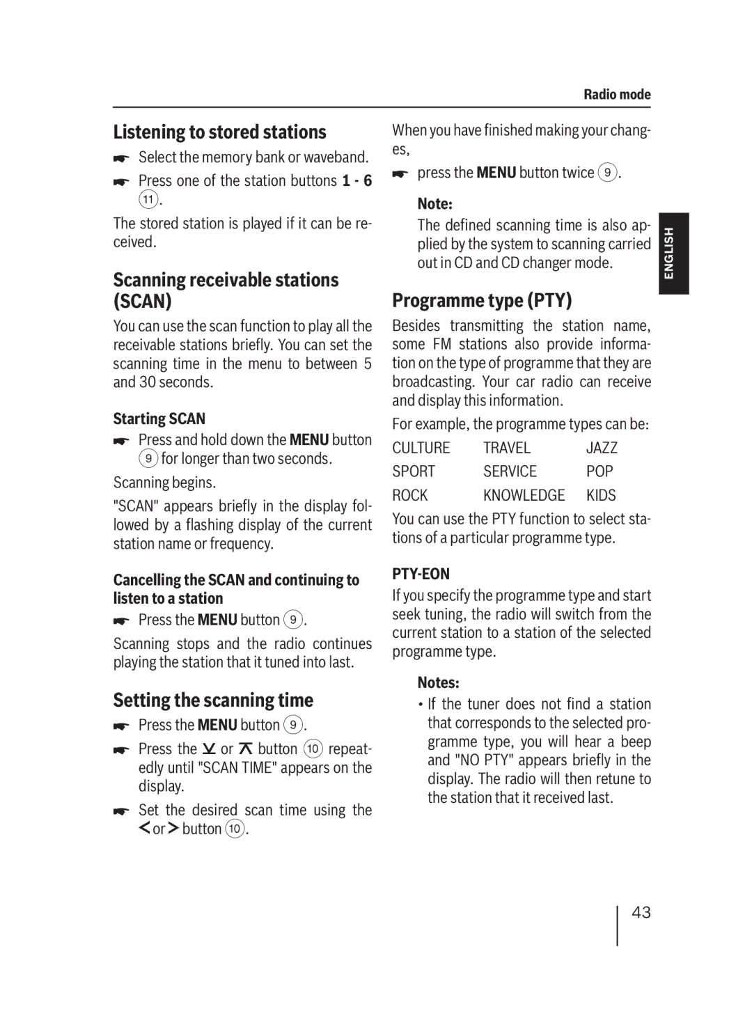 Blaupunkt MP36 Listening to stored stations, Scanning receivable stations Scan, Setting the scanning time 