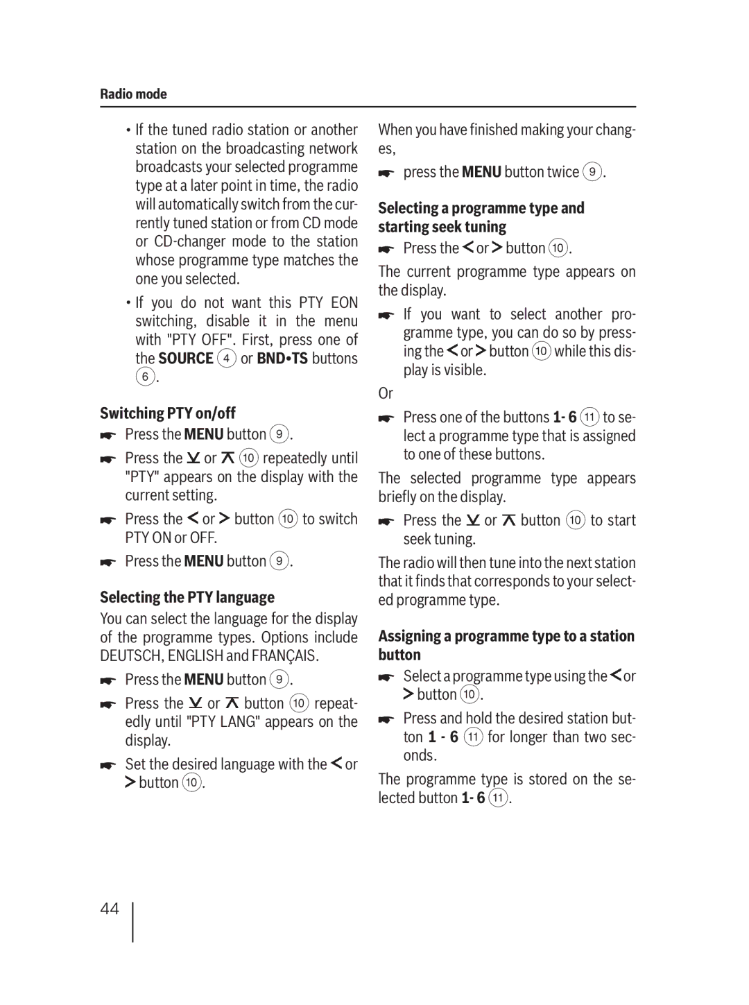 Blaupunkt MP36 Switching PTY on/off, Selecting the PTY language, Selecting a programme type and starting seek tuning 