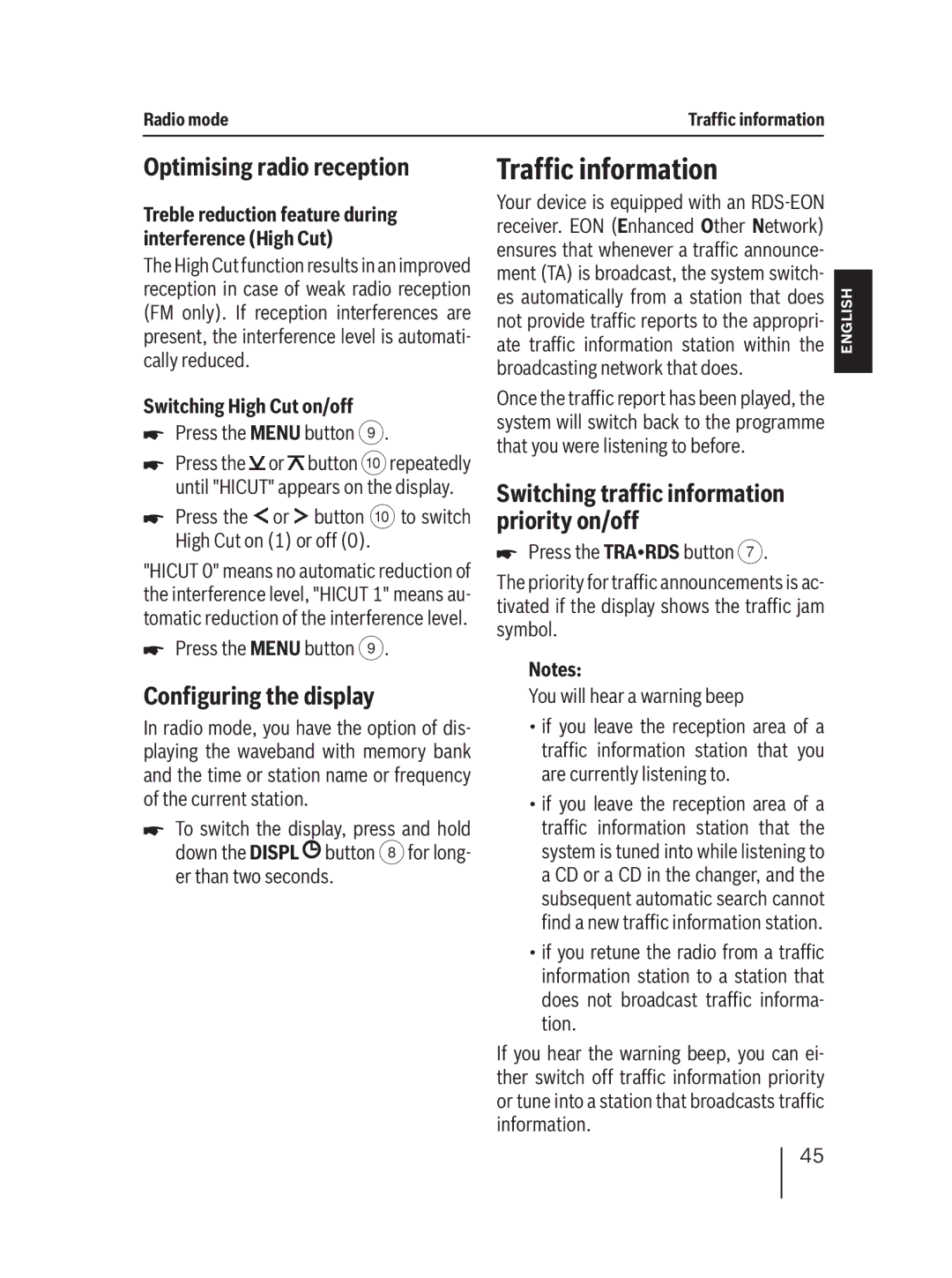 Blaupunkt MP36 Traffic information, Optimising radio reception, Configuring the display, Switching High Cut on/off 