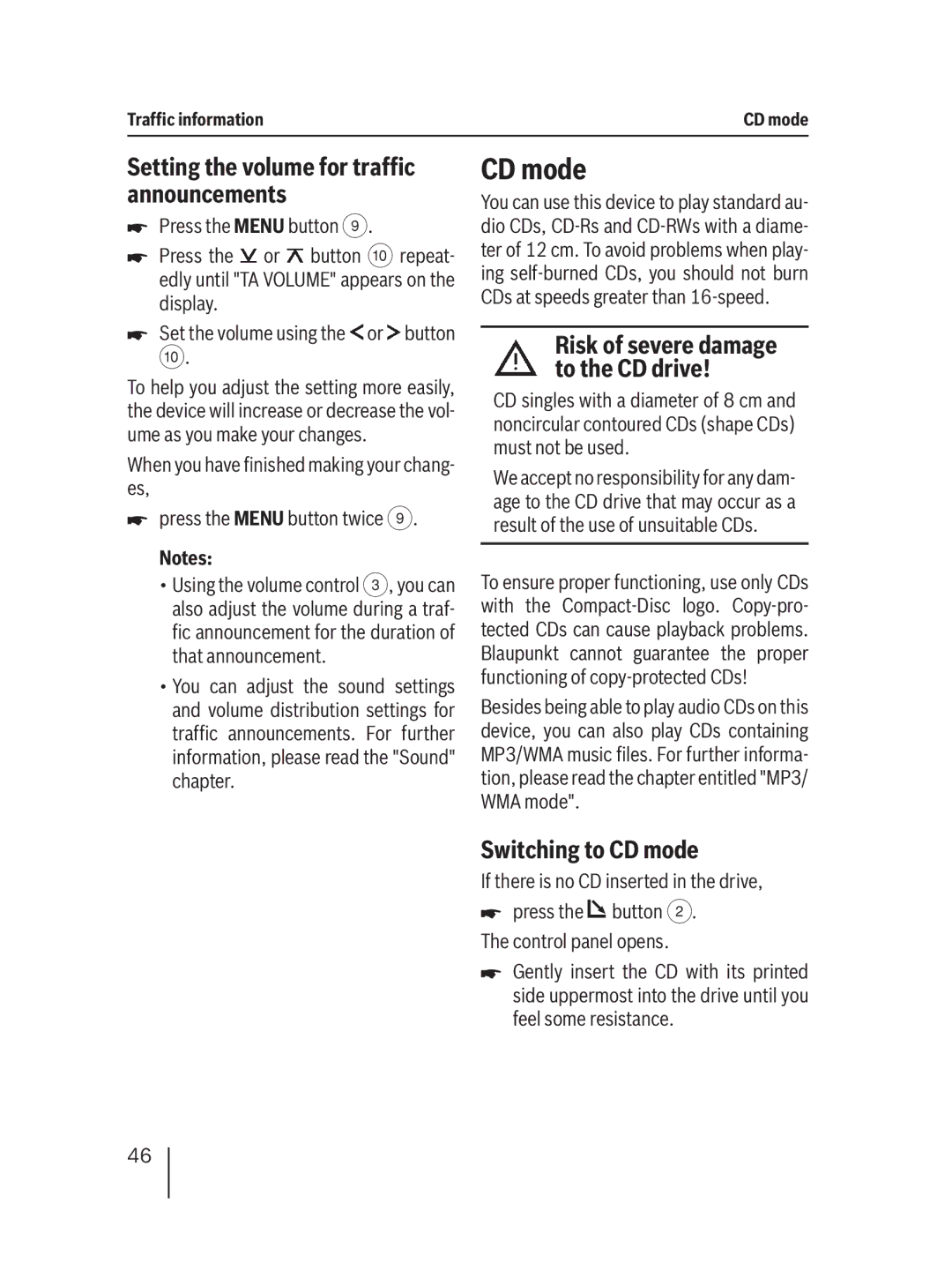 Blaupunkt MP36 operating instructions Setting the volume for traffic announcements, Switching to CD mode 