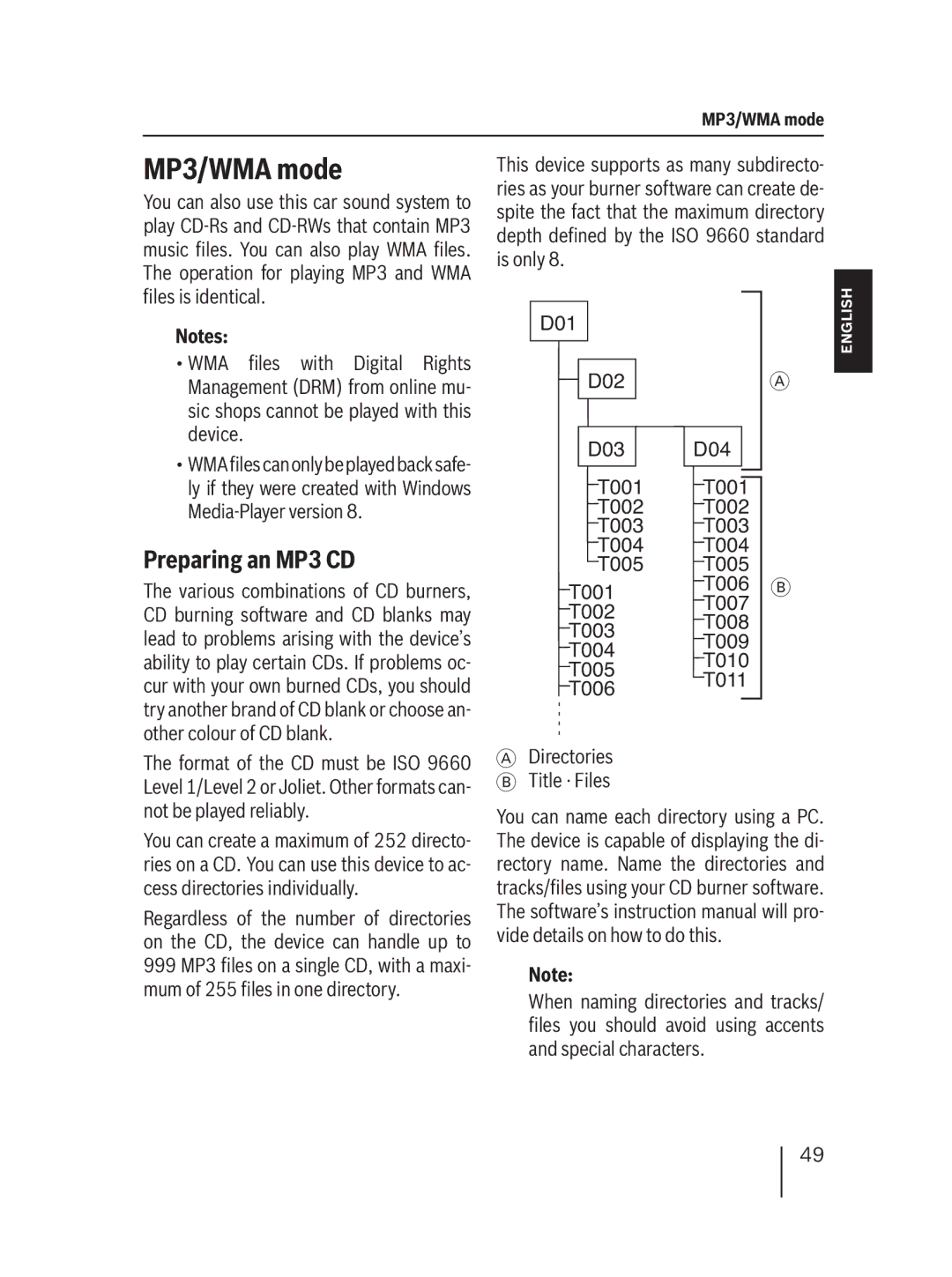 Blaupunkt MP36 operating instructions MP3/WMA mode, Preparing an MP3 CD 