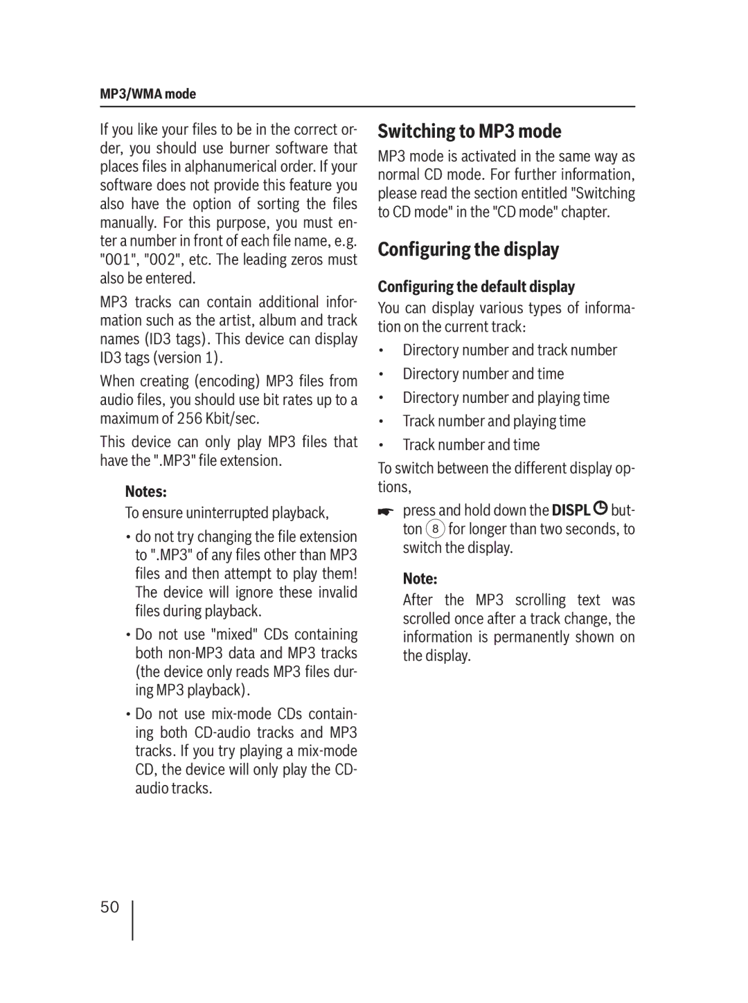 Blaupunkt MP36 operating instructions Switching to MP3 mode, Configuring the default display 