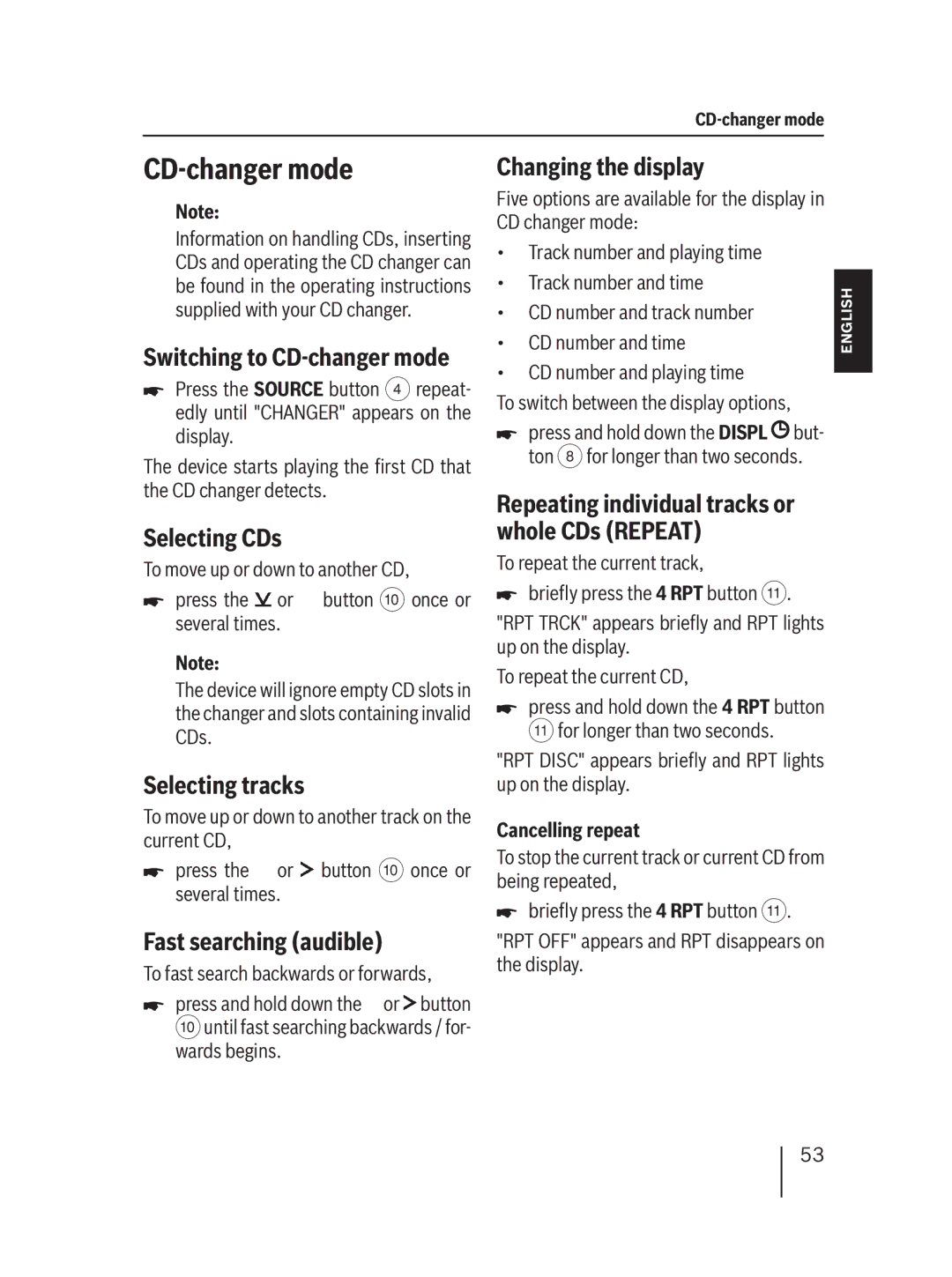 Blaupunkt MP36 operating instructions Selecting CDs, Changing the display, Switching to CD-changer mode 