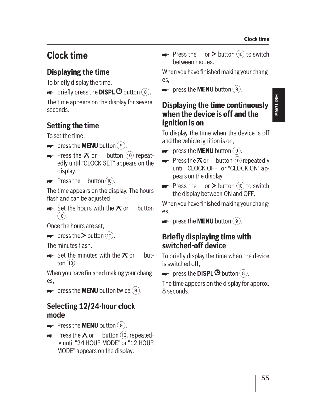 Blaupunkt MP36 operating instructions Clock time, Displaying the time, Setting the time, Selecting 12/24-hour clock mode 