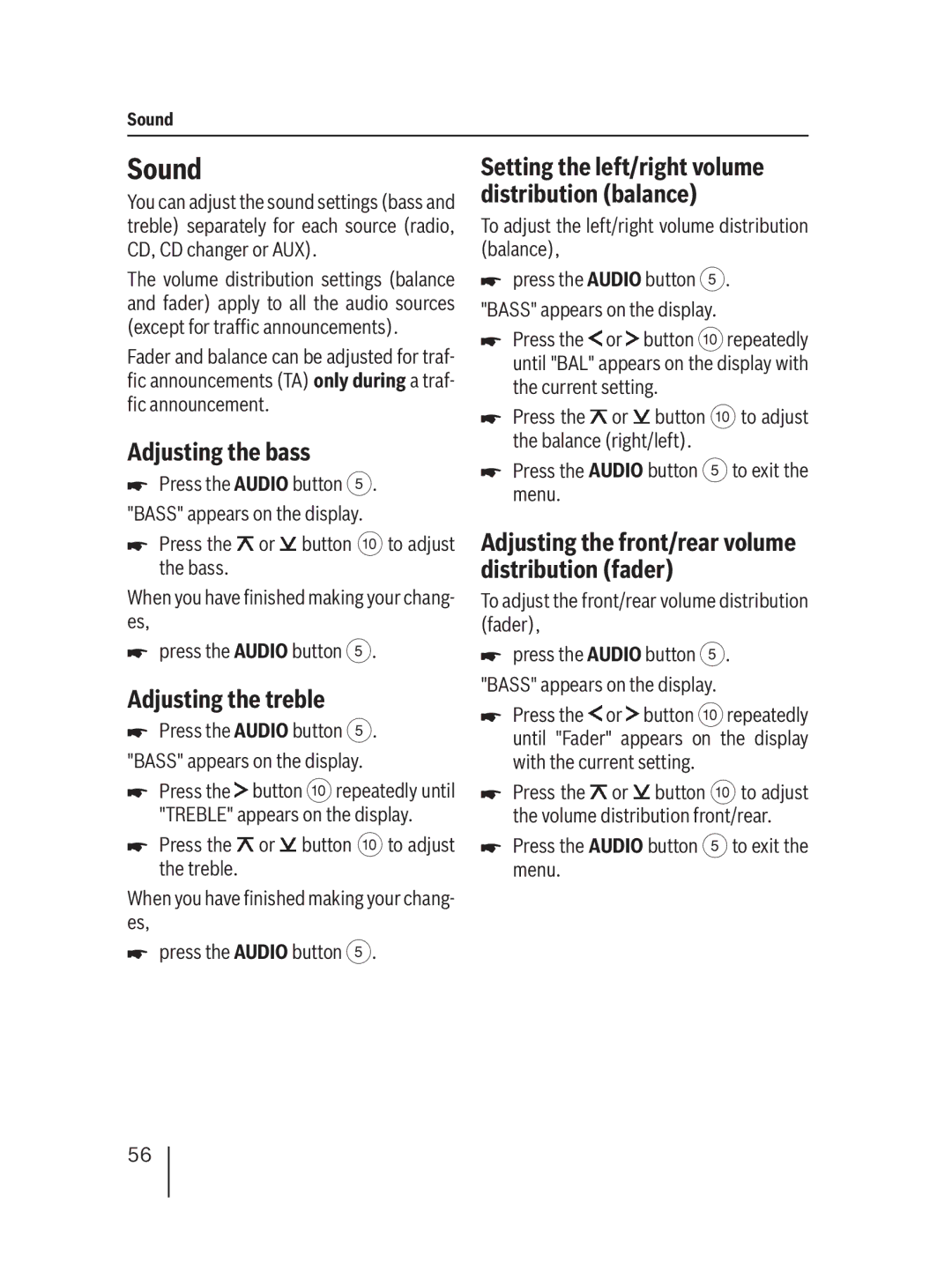 Blaupunkt MP36 Sound, Adjusting the bass, Adjusting the treble, Adjusting the front/rear volume distribution fader 