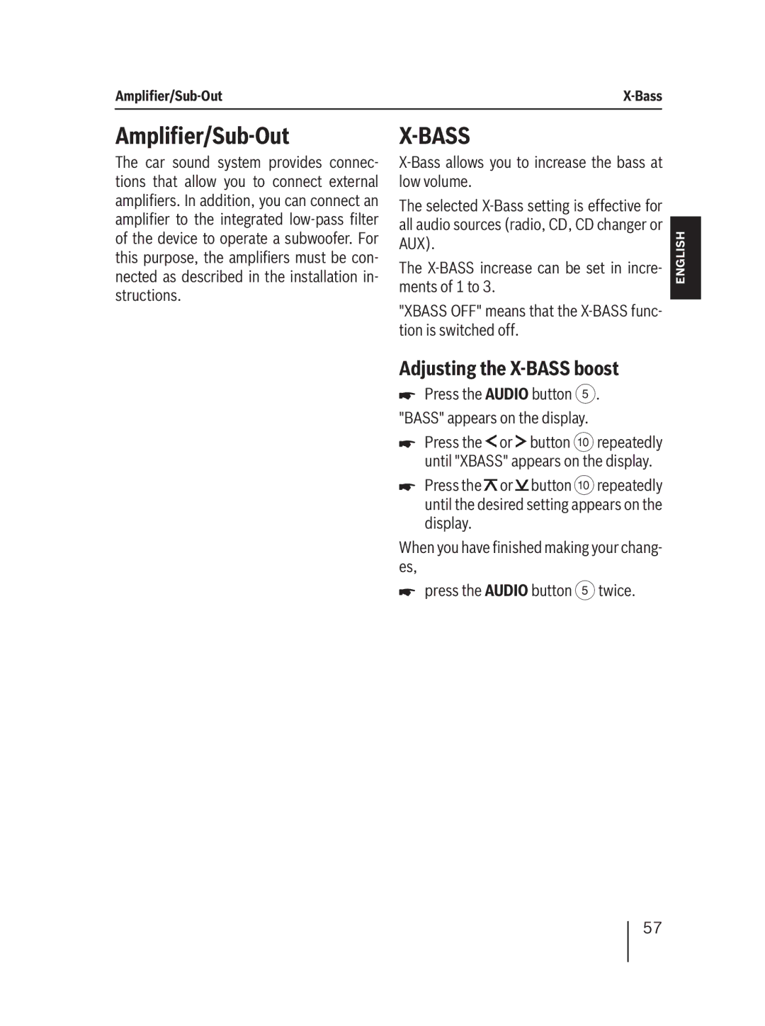 Blaupunkt MP36 operating instructions Amplifier/Sub-Out, Adjusting the X-BASS boost 