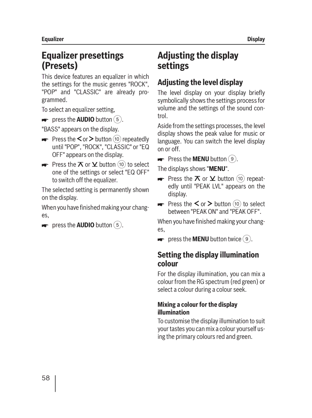 Blaupunkt MP36 Adjusting the display settings, Equalizer presettings Presets, Adjusting the level display 