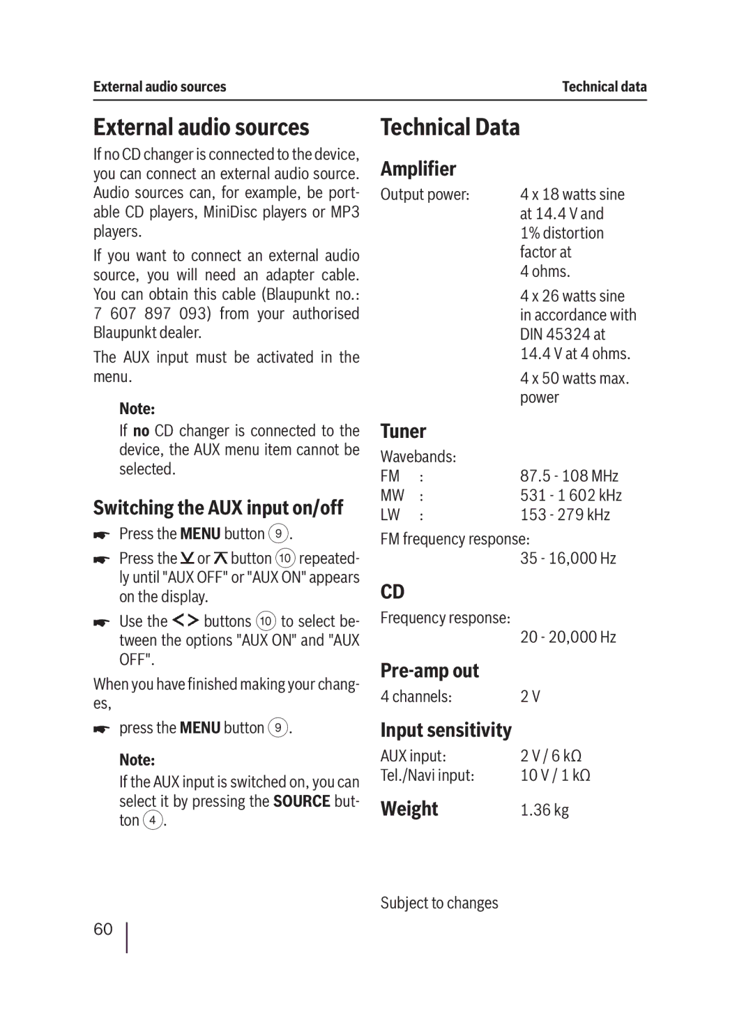 Blaupunkt MP36 operating instructions External audio sources, Technical Data 