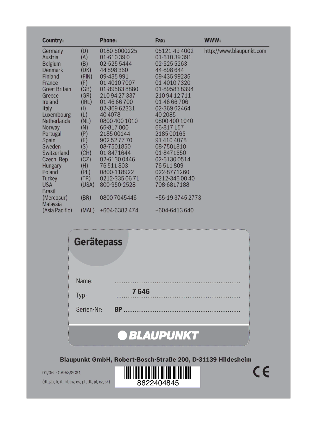 Blaupunkt MP36 operating instructions 646, Name, Typ Serien-Nr 