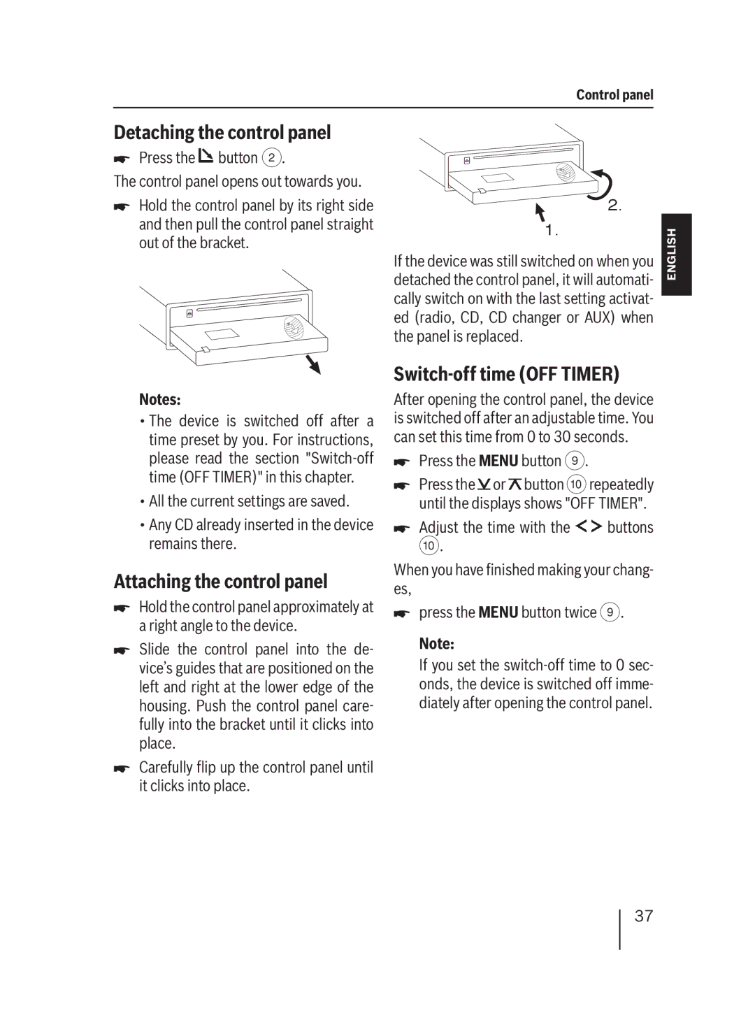 Blaupunkt MP36 Detaching the control panel, Attaching the control panel, Switch-off time OFF Timer,  Press the button 