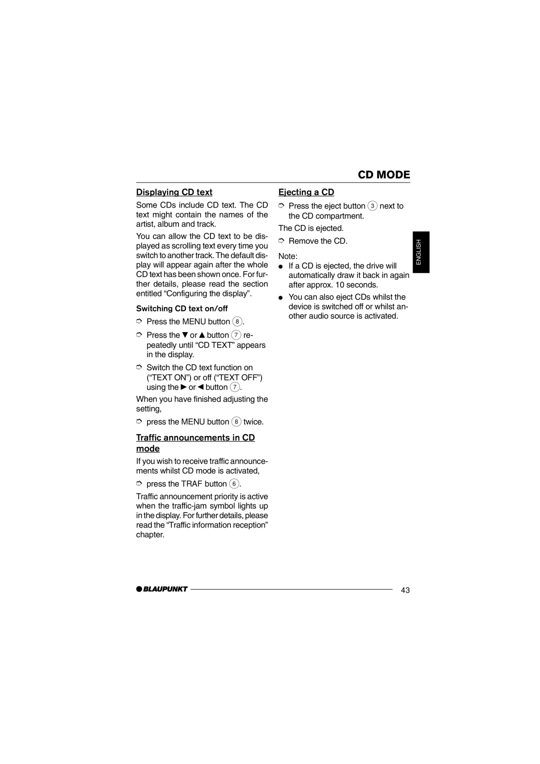 Blaupunkt MP36 operating instructions Displaying CD text, Traffic announcements in CD mode, Ejecting a CD 