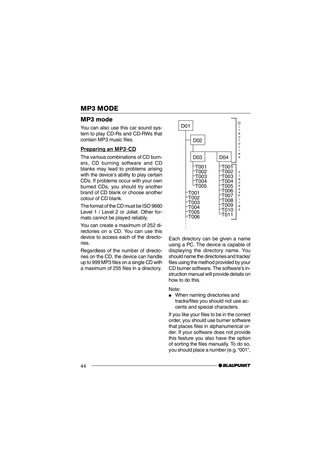 Blaupunkt MP36 operating instructions MP3 Mode, MP3 mode, Preparing an MP3-CD, D01 D02 D03 D04 T001 