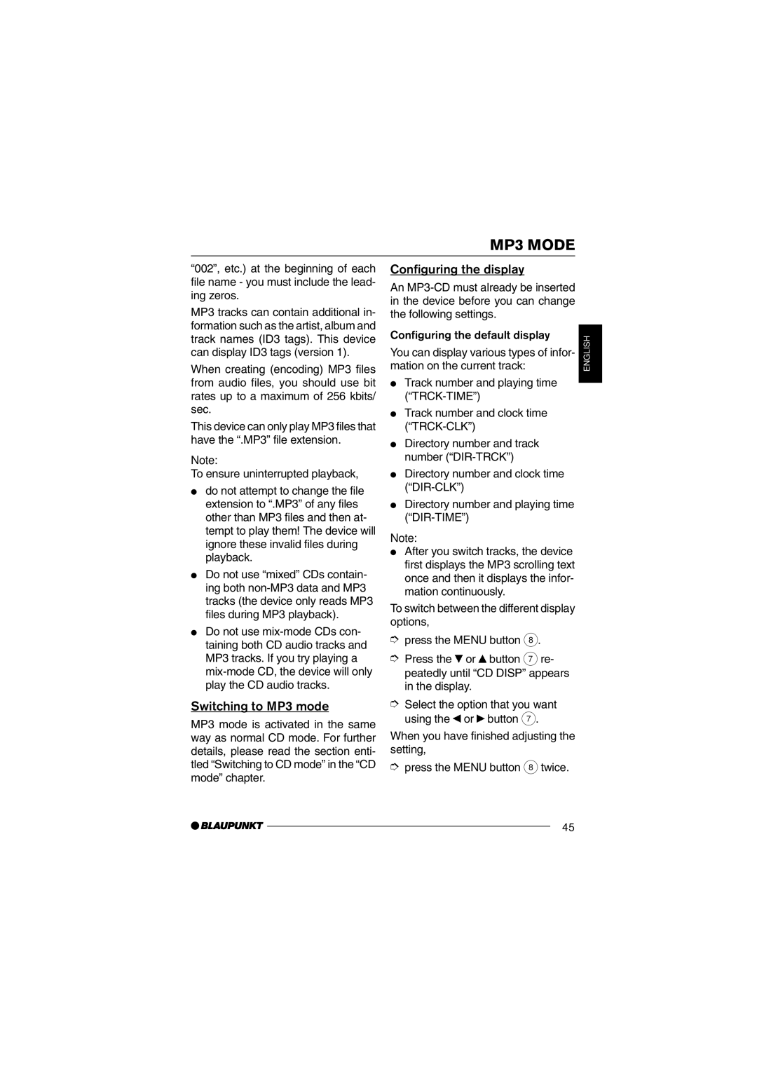 Blaupunkt MP36 operating instructions Switching to MP3 mode, Configuring the display 