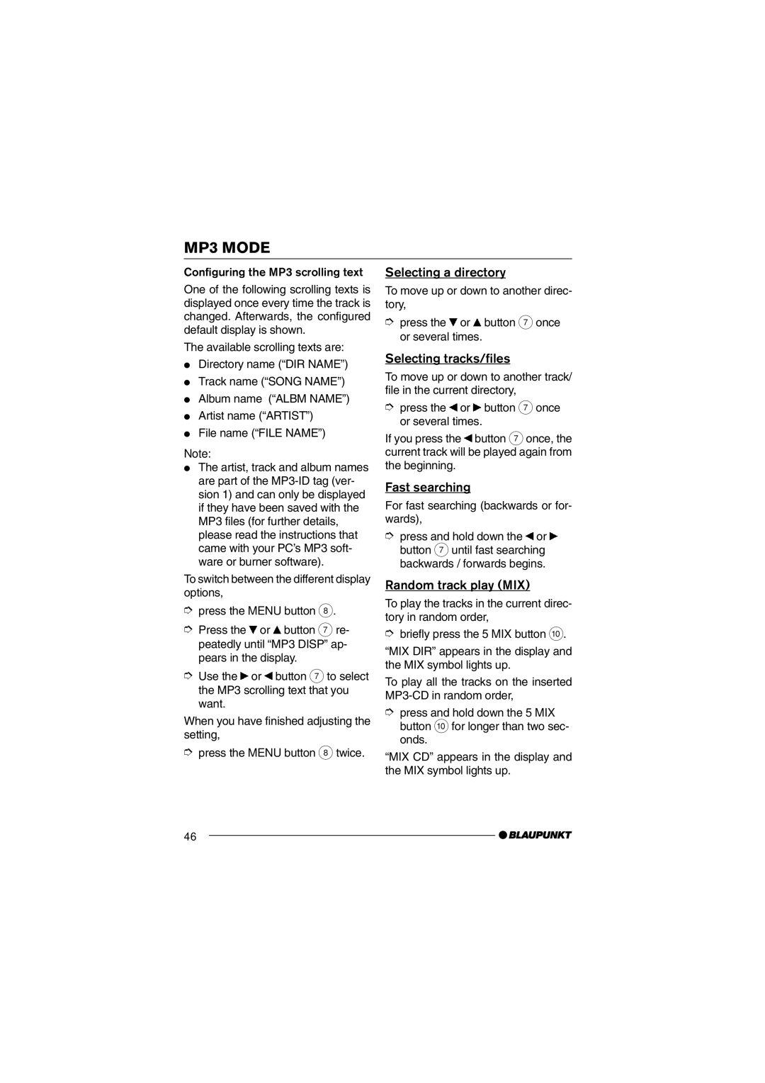 Blaupunkt MP36 operating instructions Selecting a directory, Selecting tracks/files, Fast searching 