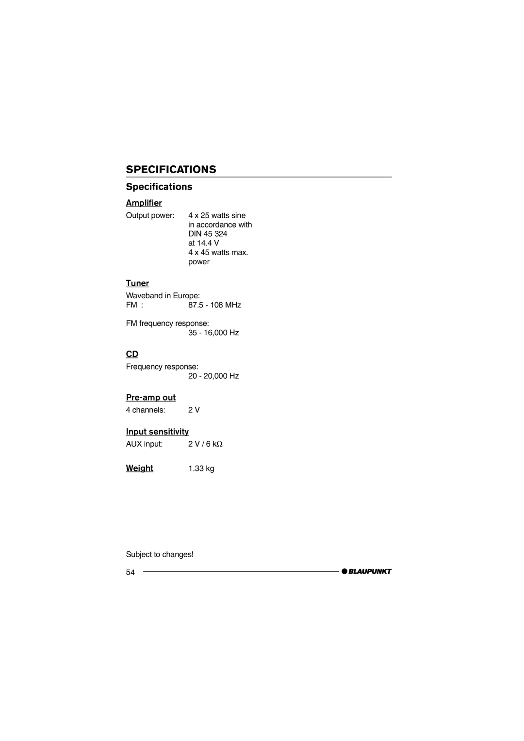 Blaupunkt MP36 operating instructions Specifications 