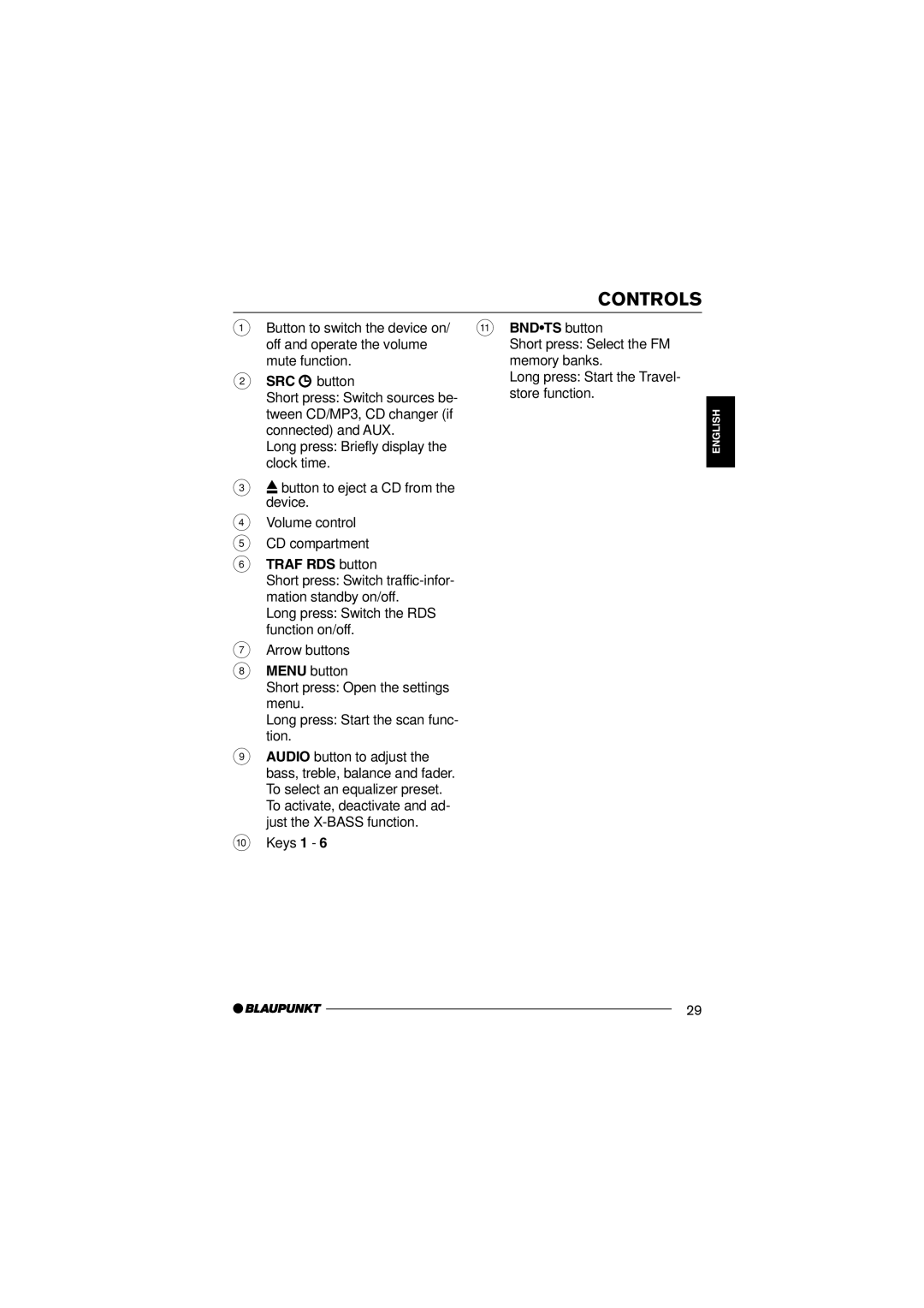 Blaupunkt MP36 operating instructions Controls, Keys 1 