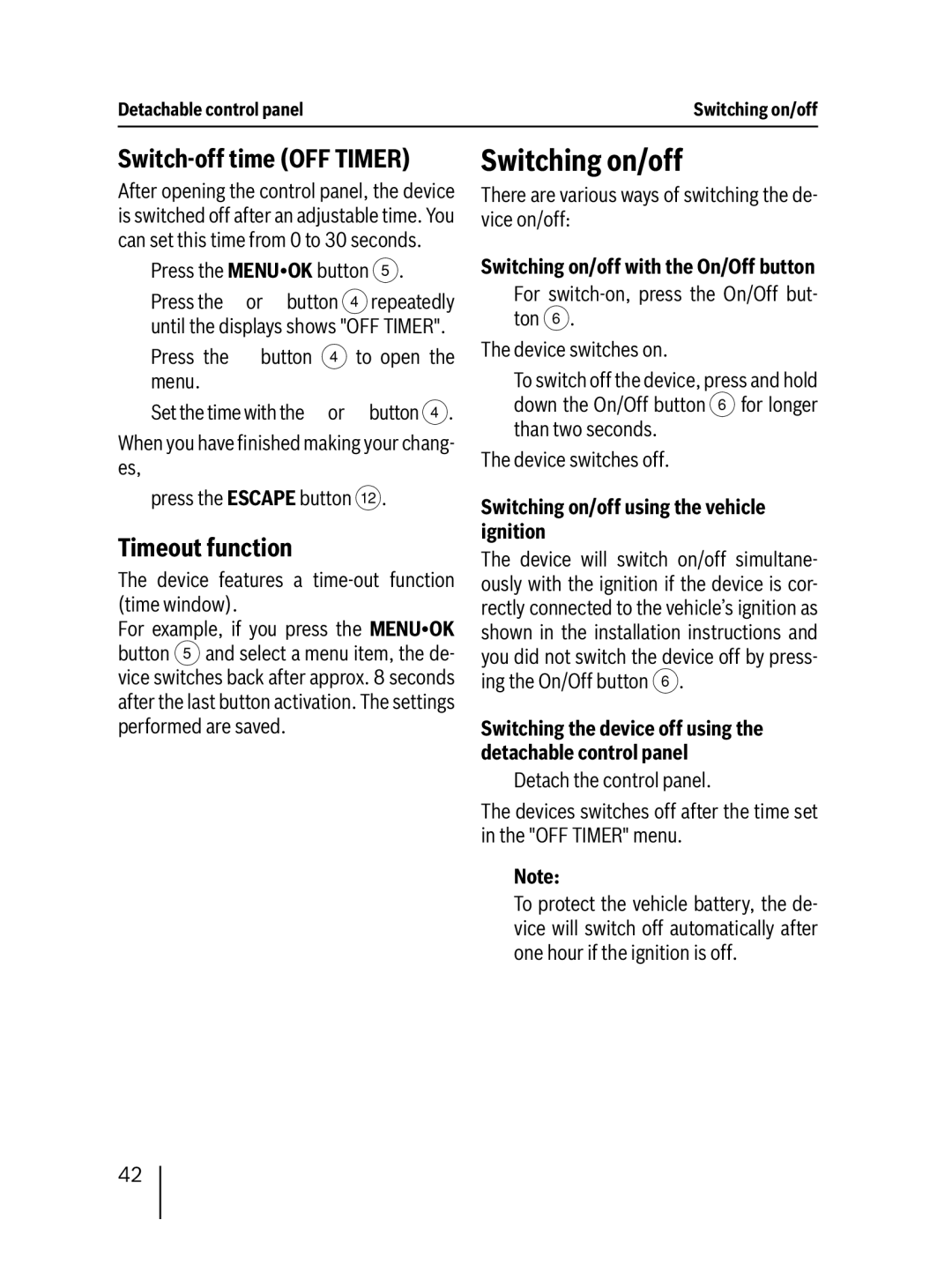 Blaupunkt MP38 Switch-off time OFF Timer, Timeout function, Switching on/off with the On/Off button 