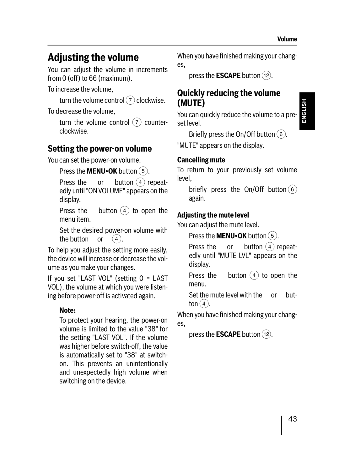 Blaupunkt MP38 Adjusting the volume, Setting the power-on volume, Quickly reducing the volume, Cancelling mute 