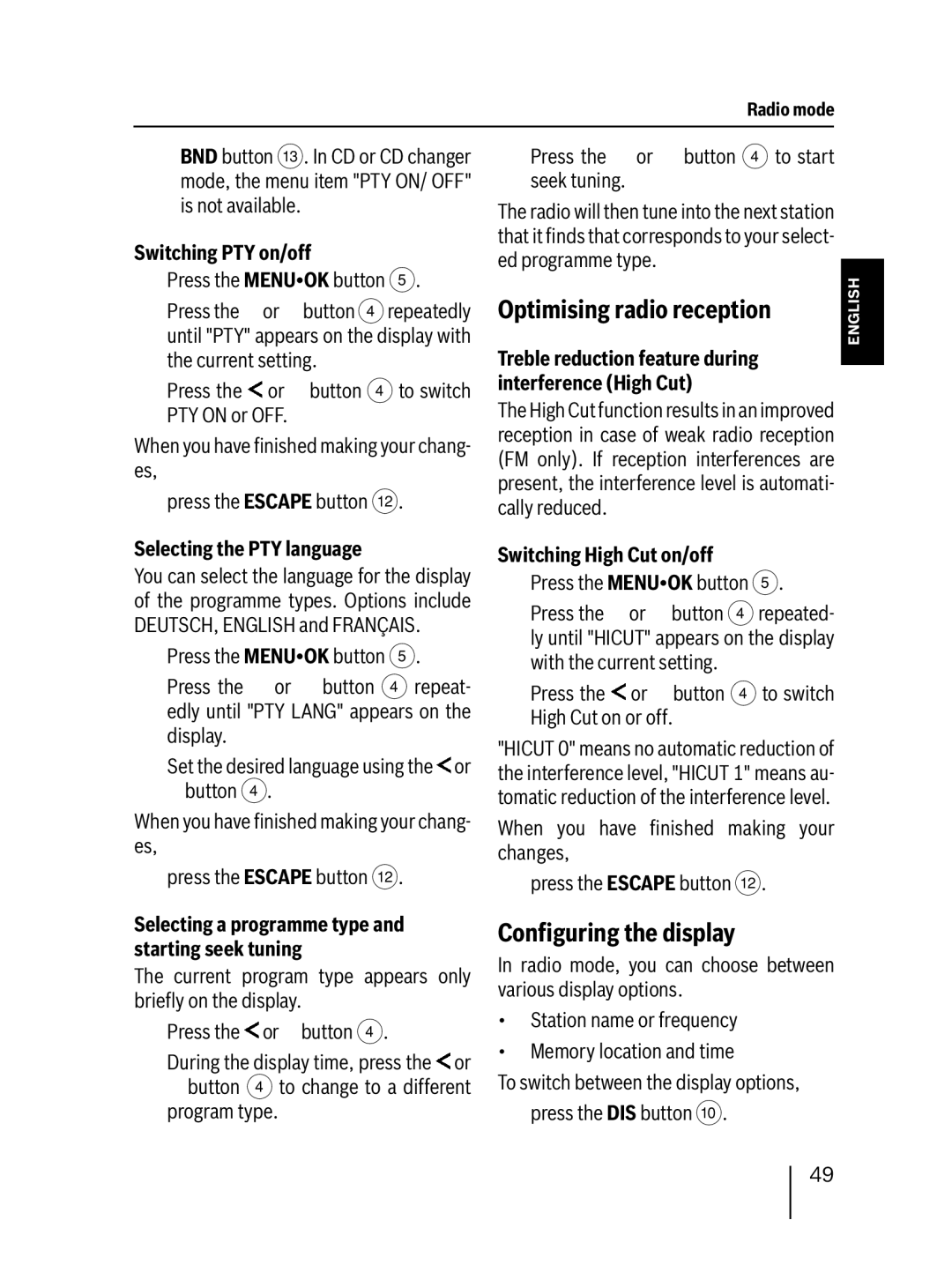 Blaupunkt MP38 installation instructions Optimising radio reception, ConÞguring the display 