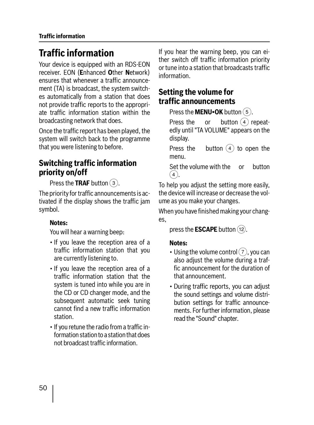 Blaupunkt MP38 TrafÞc information, Switching trafÞc information priority on/off, Press the Traf button 