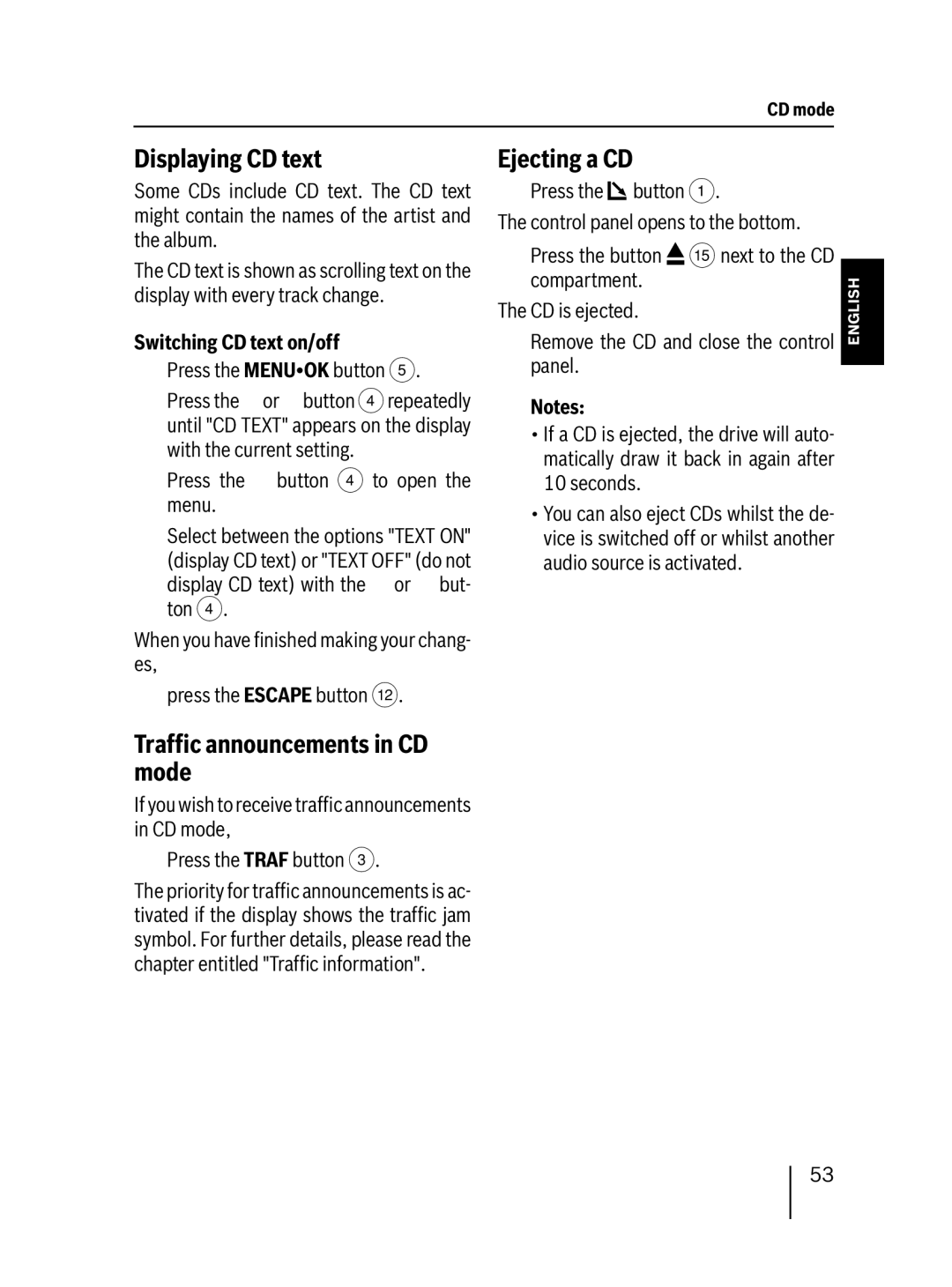 Blaupunkt MP38 Displaying CD text, TrafÞc announcements in CD mode, Ejecting a CD, Switching CD text on/off 