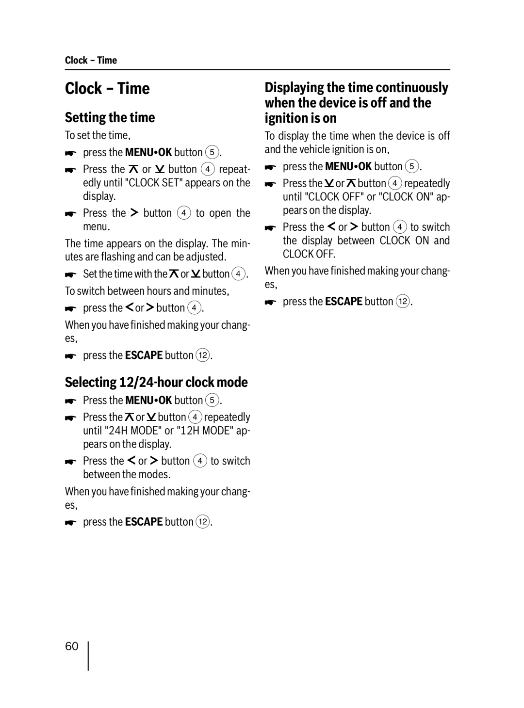 Blaupunkt MP38 installation instructions Clock Ð Time, Setting the time, Selecting 12/24-hour clock mode 