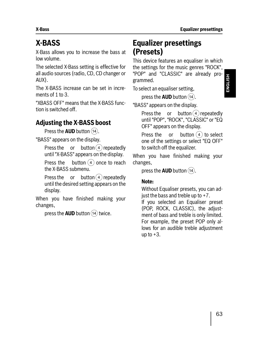 Blaupunkt MP38 Adjusting the X-BASS boost, Equalizer presettings Presets, To select an equaliser setting 