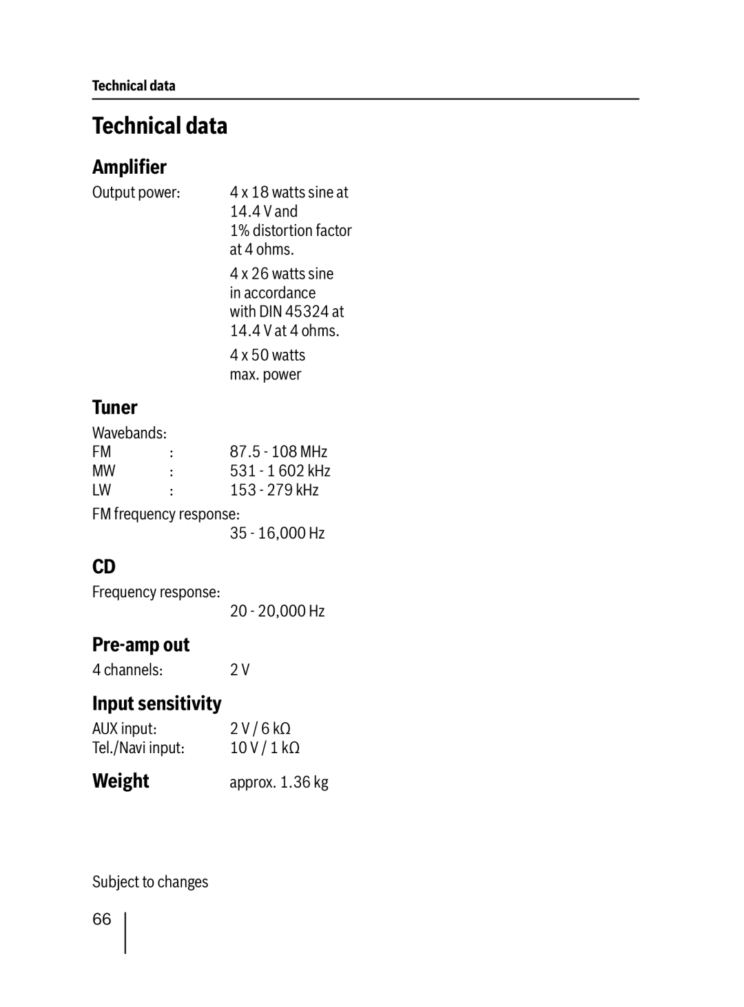 Blaupunkt MP38 installation instructions Technical data, AmpliÞer, Tuner, Pre-amp out, Weight 