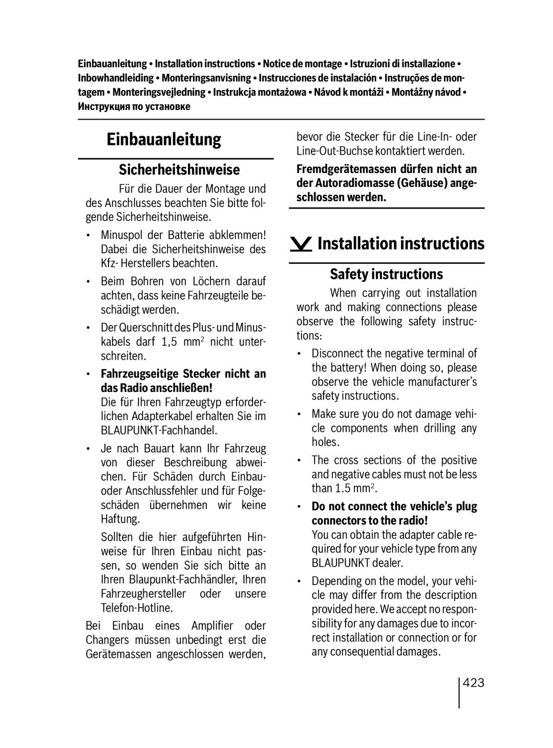 Blaupunkt MP38 Einbauanleitung, Installation instructions, Sicherheitshinweise, Safety instructions 