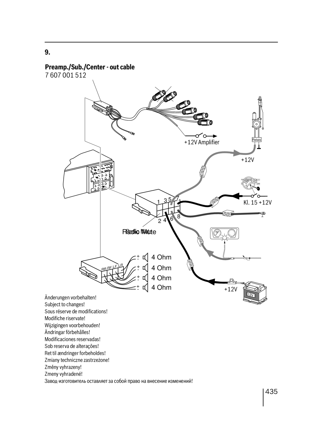 Blaupunkt MP38 installation instructions Preamp./Sub./Center out cable 7 607 001, Ohm, 435 