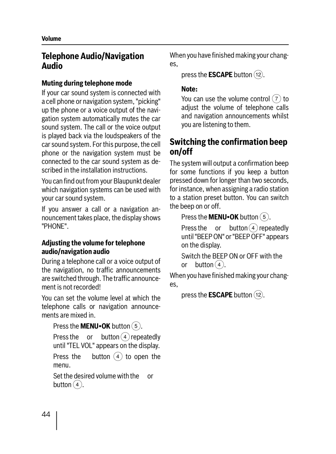 Blaupunkt MP38 Telephone Audio/Navigation Audio, Switching the conÞrmation beep on/off, Muting during telephone mode 